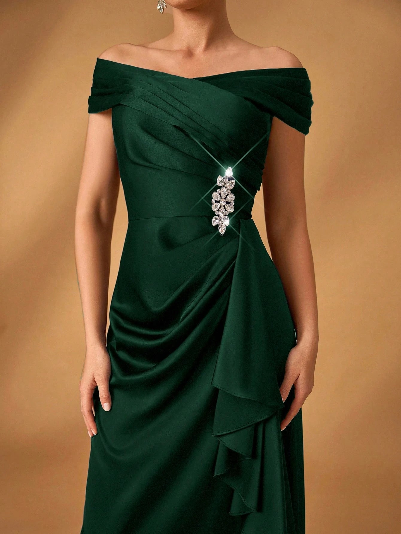 Serin Elegant Satin Off Shoulder Pleated A-Line Asymmetric Ruffle Hem Dress, Suitable For Evening Party, - image 17