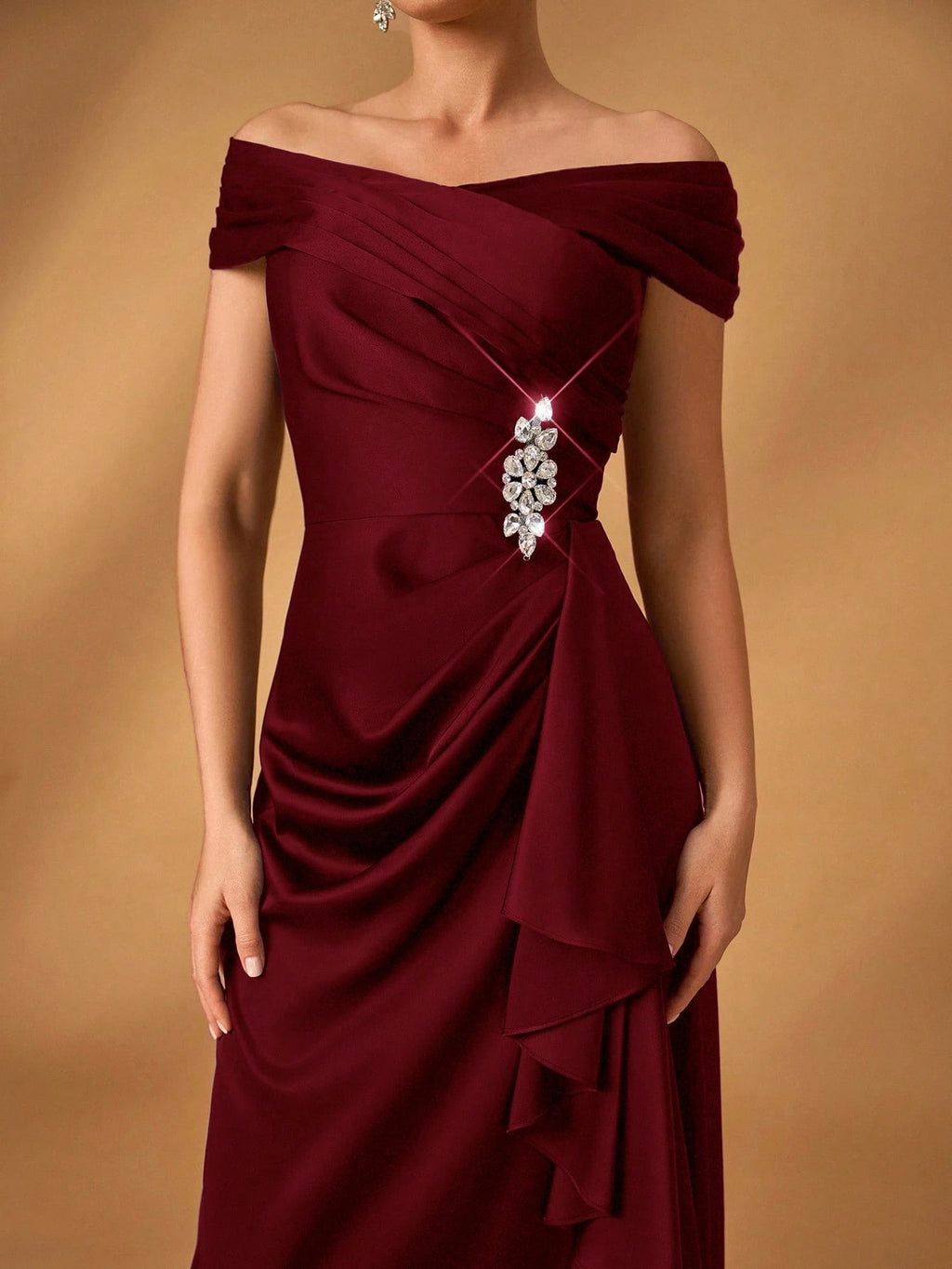 Serin Elegant Satin Off Shoulder Pleated A-Line Asymmetric Ruffle Hem Dress, Suitable For Evening Party, - image 7
