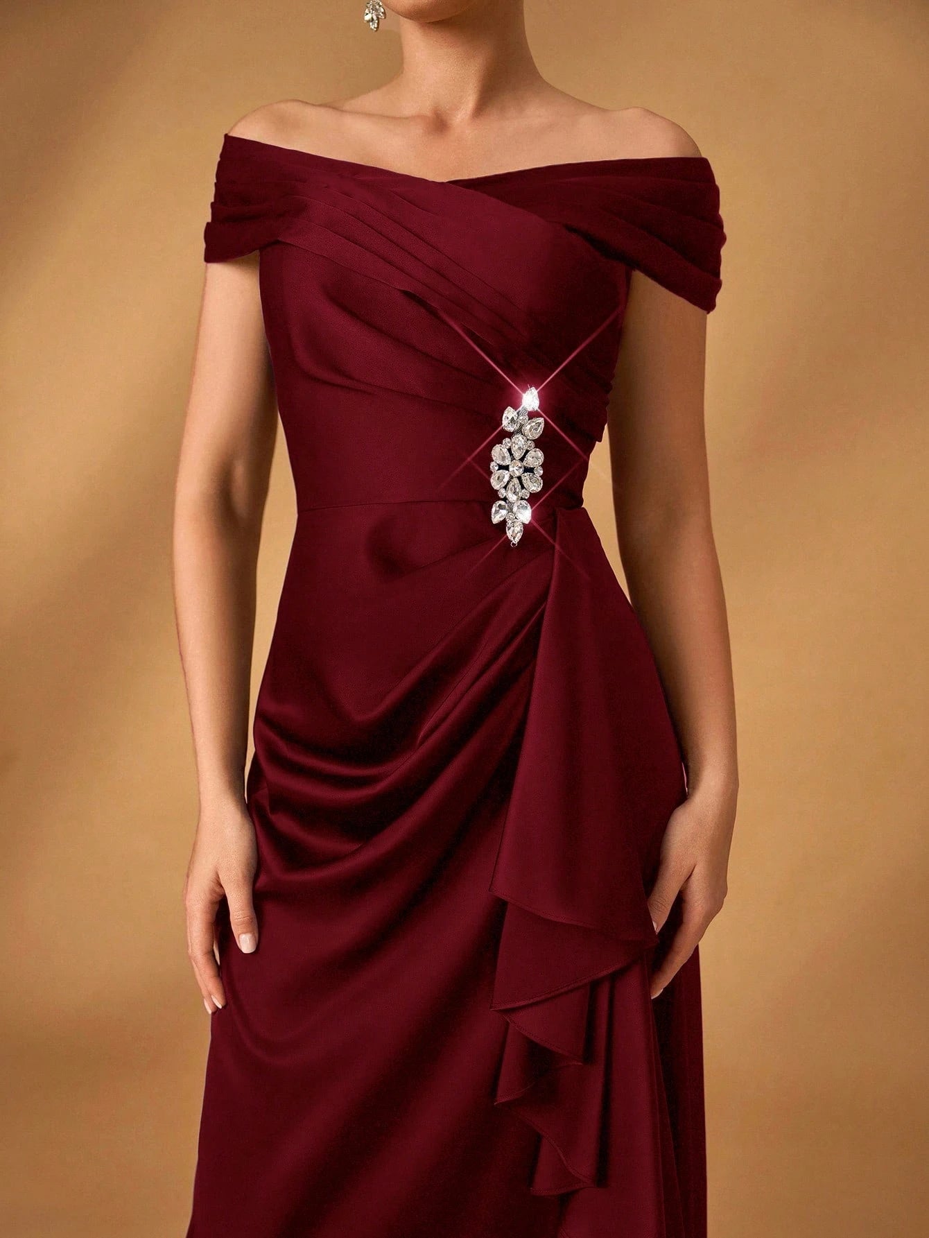 Serin Elegant Satin Off Shoulder Pleated A-Line Asymmetric Ruffle Hem Dress, Suitable For Evening Party, - image 7