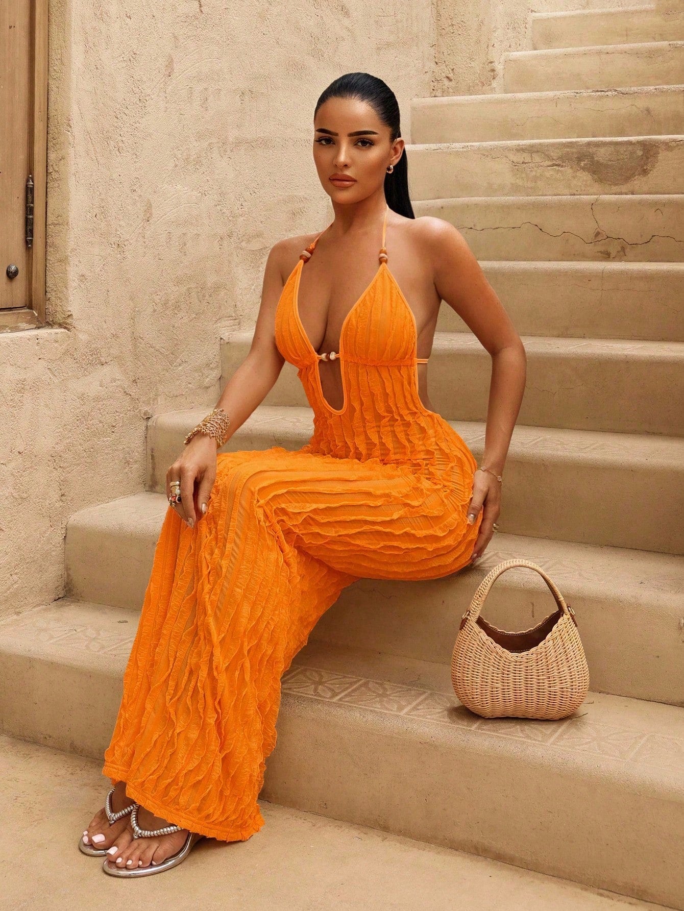 Swim SXY Women's New Summer Yellow Sexy Deep VU Neck Long Bag Dress