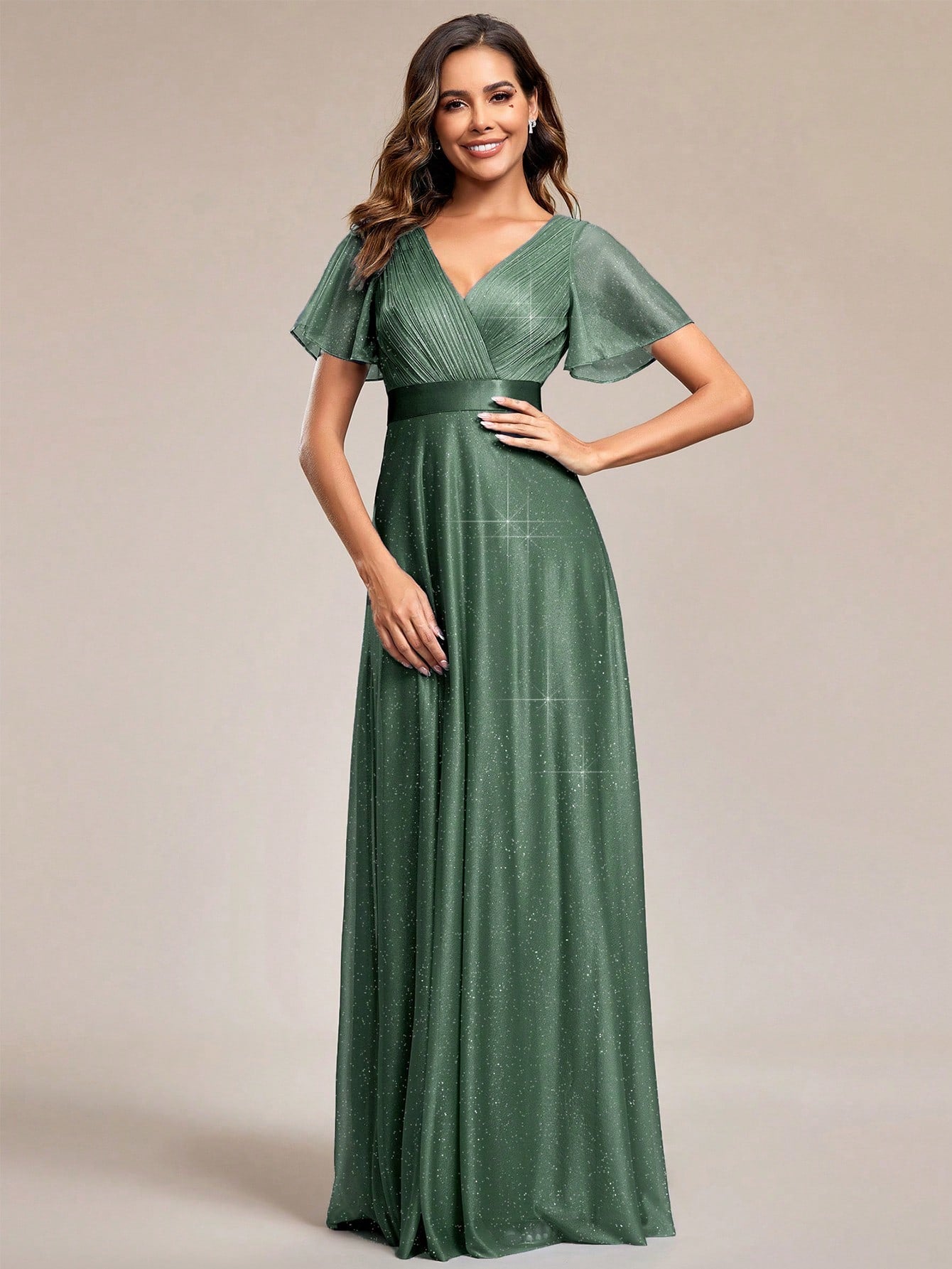 EVERPRETTY Elegant V-Neck Ruffle Sequin Bridesmaid Dress, Formal