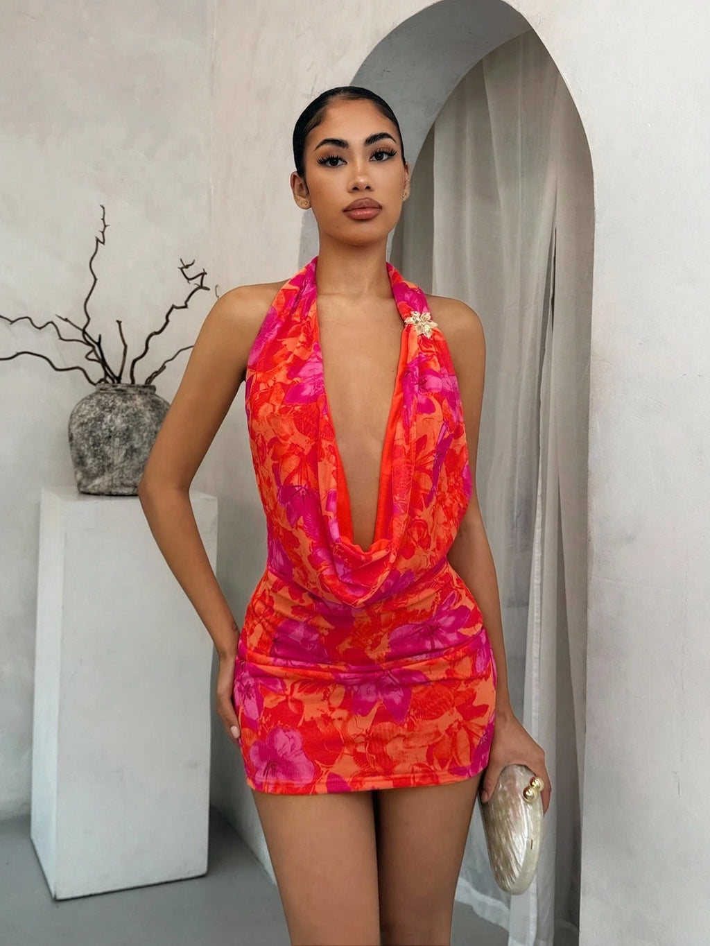 SXY Floral Print Metal Decor Low-Cut Backless Halter Dress,Women's
