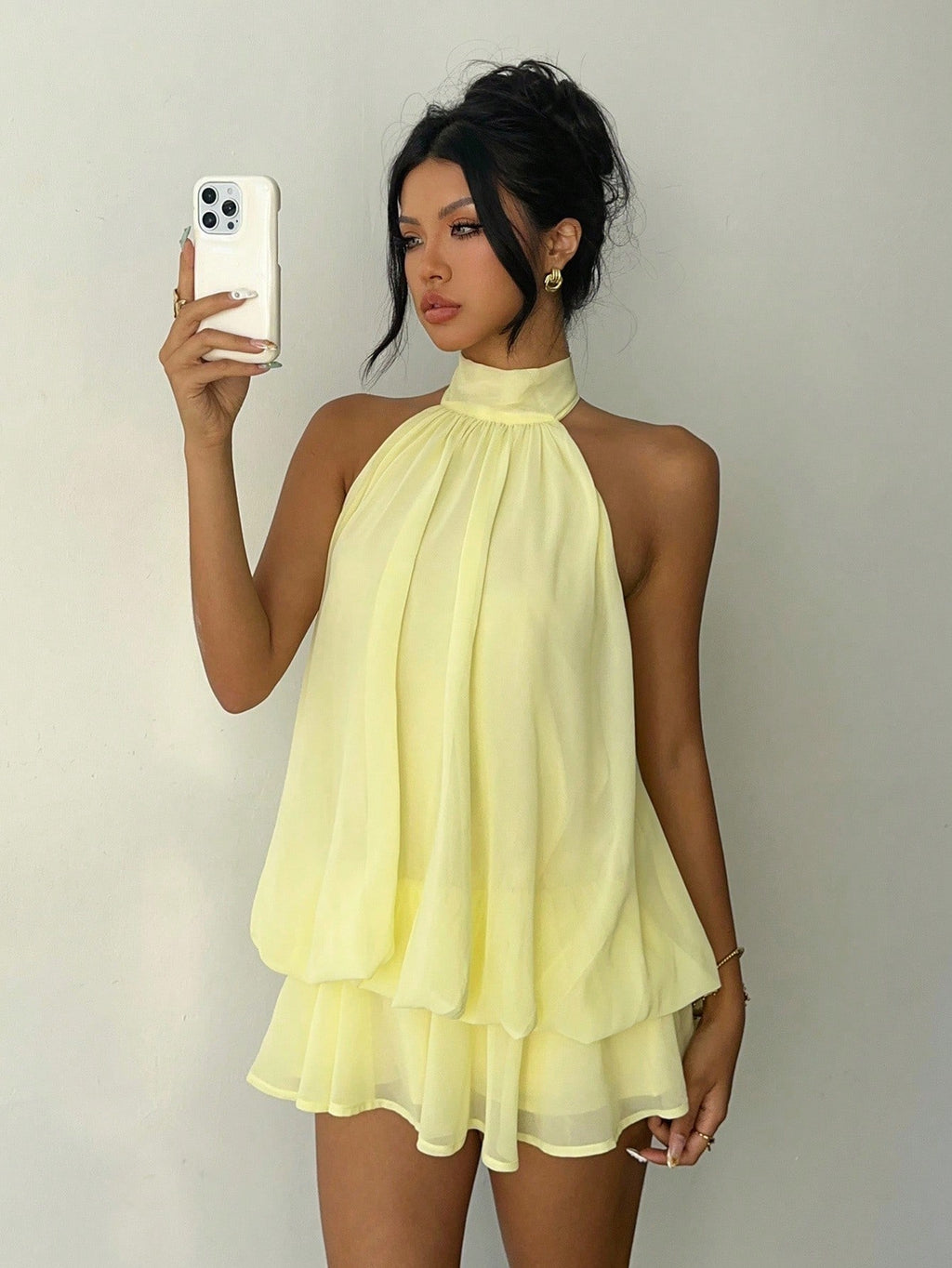 Aloruh Women's Elegant Pale Yellow Halter Tie Mini Dress, Suitable