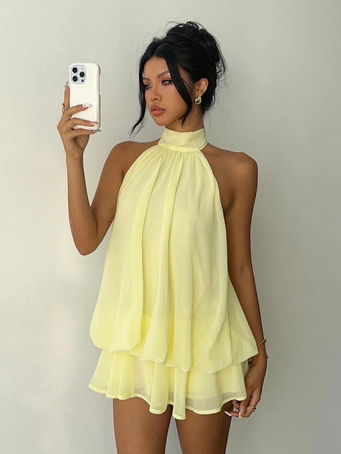 Aloruh Women's Elegant Pale Yellow Halter Tie Mini Dress, Suitable