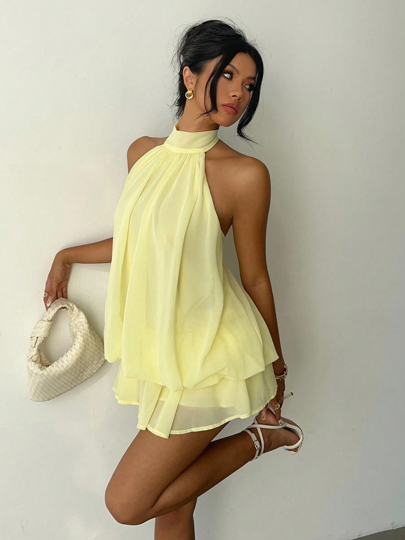 Aloruh Women's Elegant Pale Yellow Halter Tie Mini Dress, Suitable For Dates Vacation And Vacations - image 8