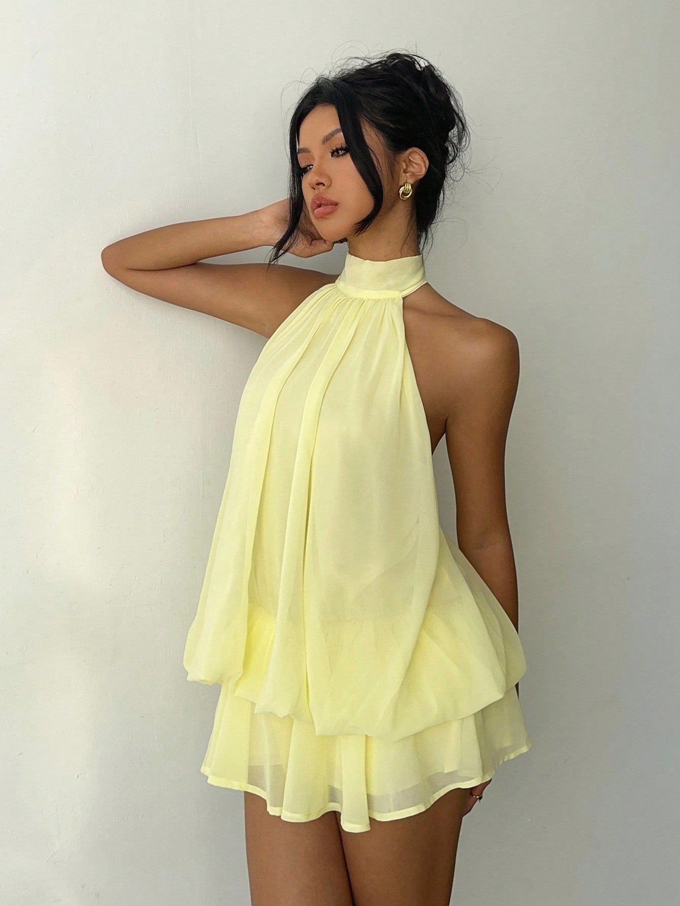 Aloruh Women's Elegant Pale Yellow Halter Tie Mini Dress, Suitable