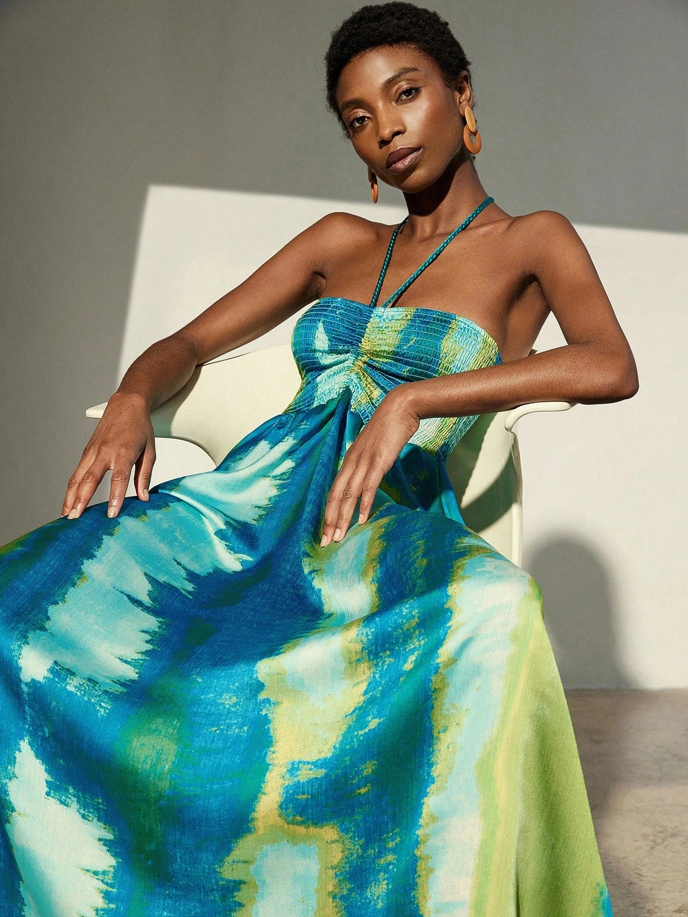 Frievida Chiffon Tie-Dye Print Halter Neck Tie-Up Sleeveless Vacation