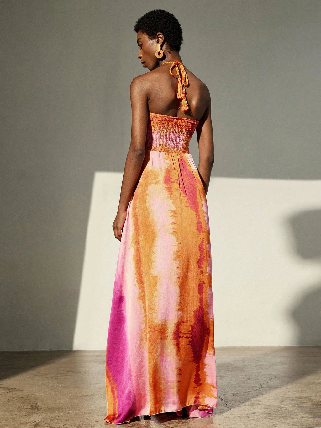 Frievida Chiffon Tie-Dye Print Halter Neck Tie-Up Sleeveless Vacation
