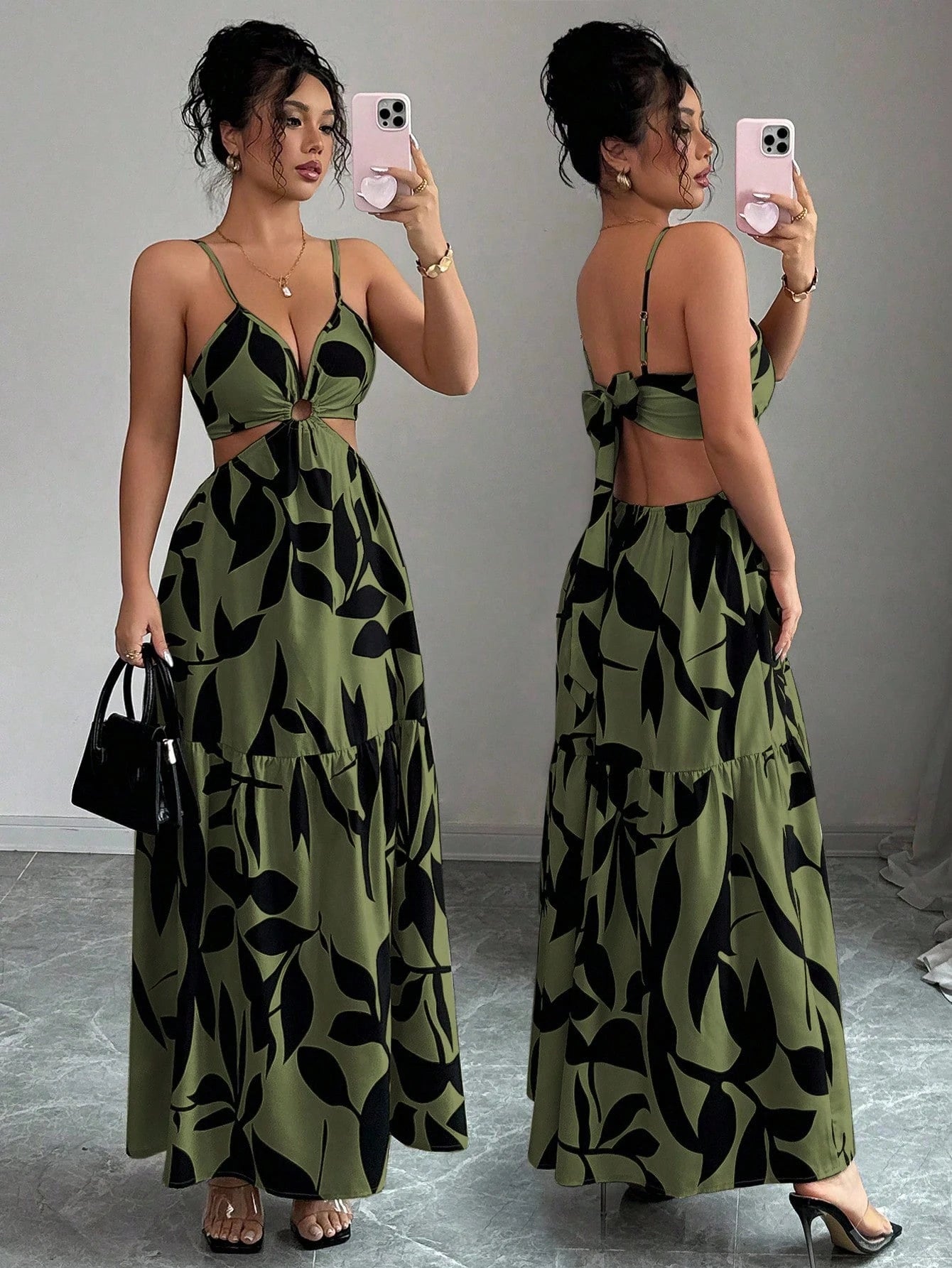 Elenzga Women's Summer New Spaghetti Strap Cinched Waist Dye Print Dress (Asymmetric Floral Pattern) - image 8