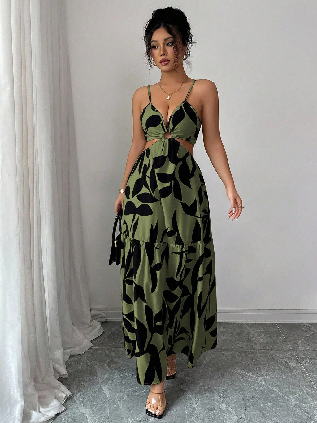 Elenzga Women's Summer New Spaghetti Strap Cinched Waist Dye Print Dress (Asymmetric Floral Pattern) - image 10