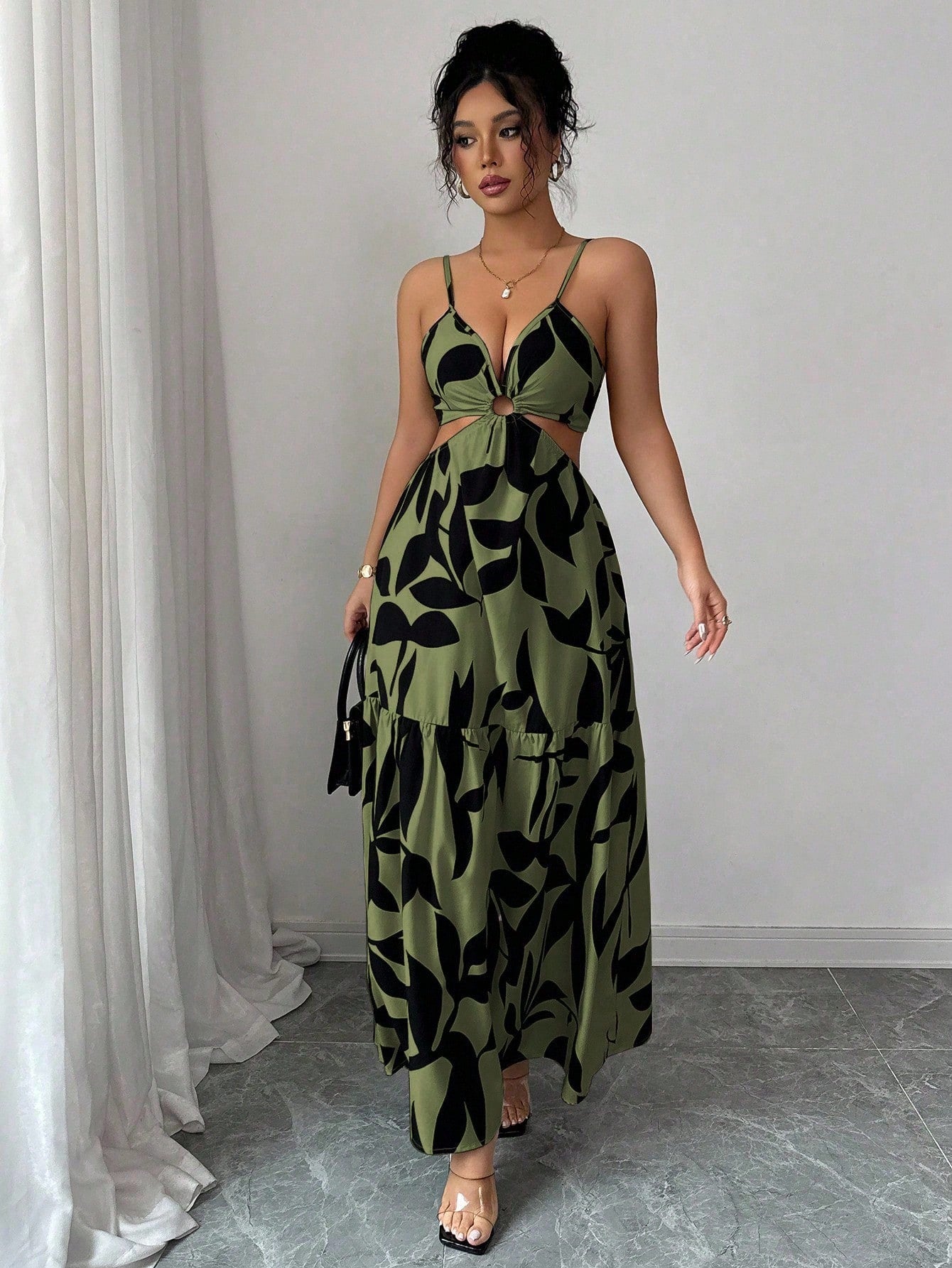 Elenzga Women's Summer New Spaghetti Strap Cinched Waist Dye Print Dress (Asymmetric Floral Pattern) - image 10