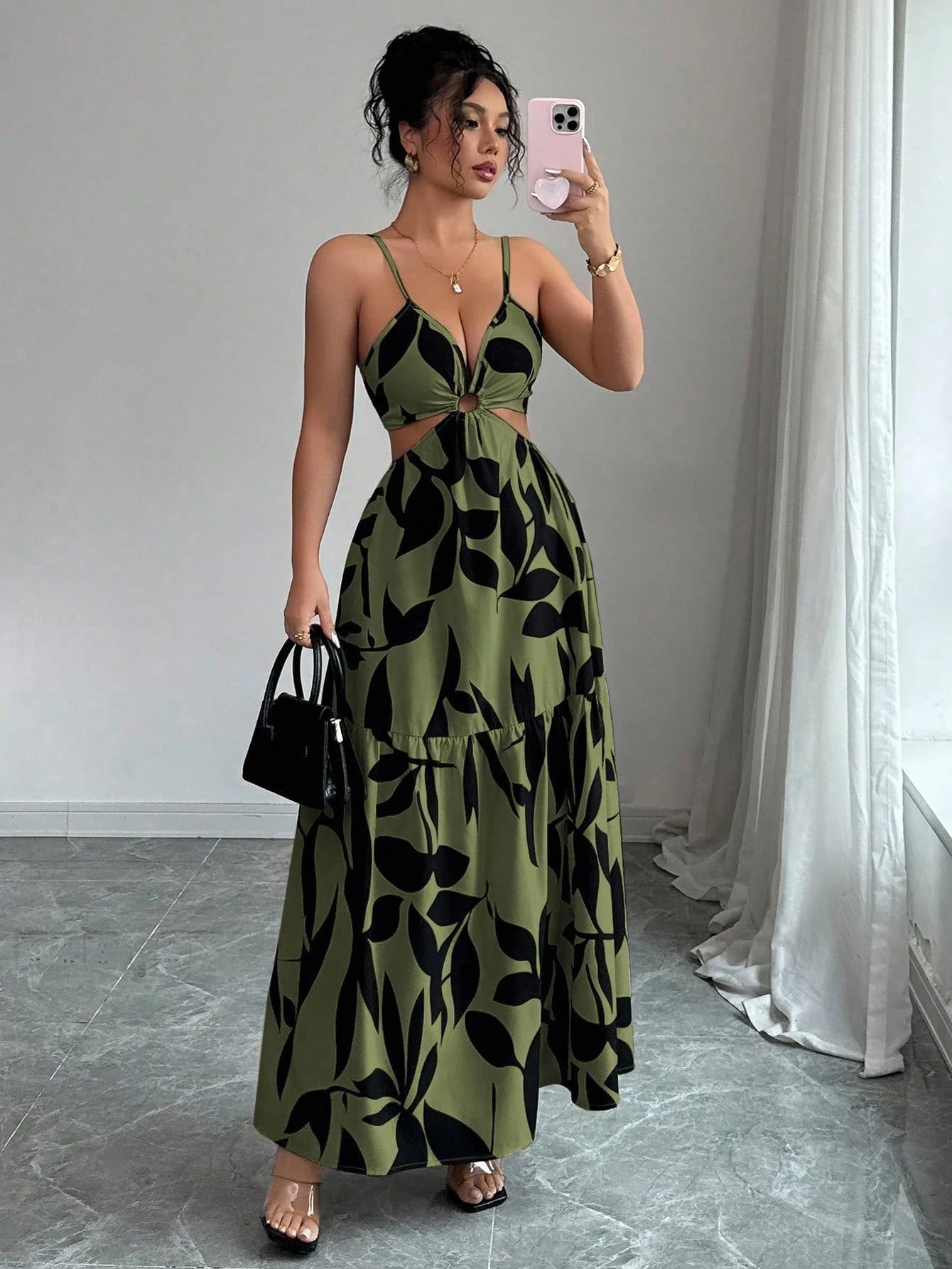 Elenzga Women's Summer New Spaghetti Strap Cinched Waist Dye Print Dress (Asymmetric Floral Pattern) - image 12