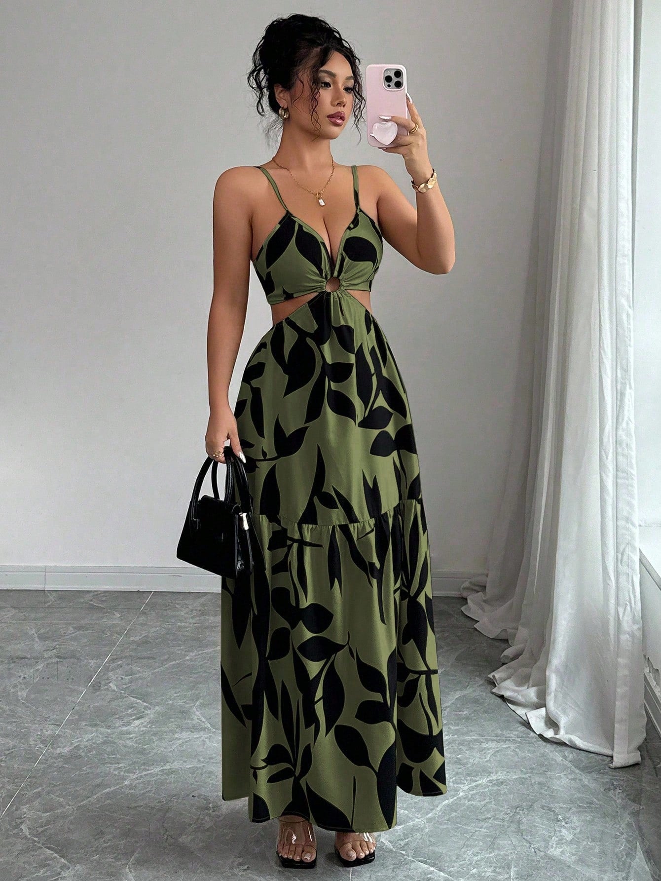 Elenzga Women's Summer New Spaghetti Strap Cinched Waist Dye Print Dress (Asymmetric Floral Pattern) - image 13