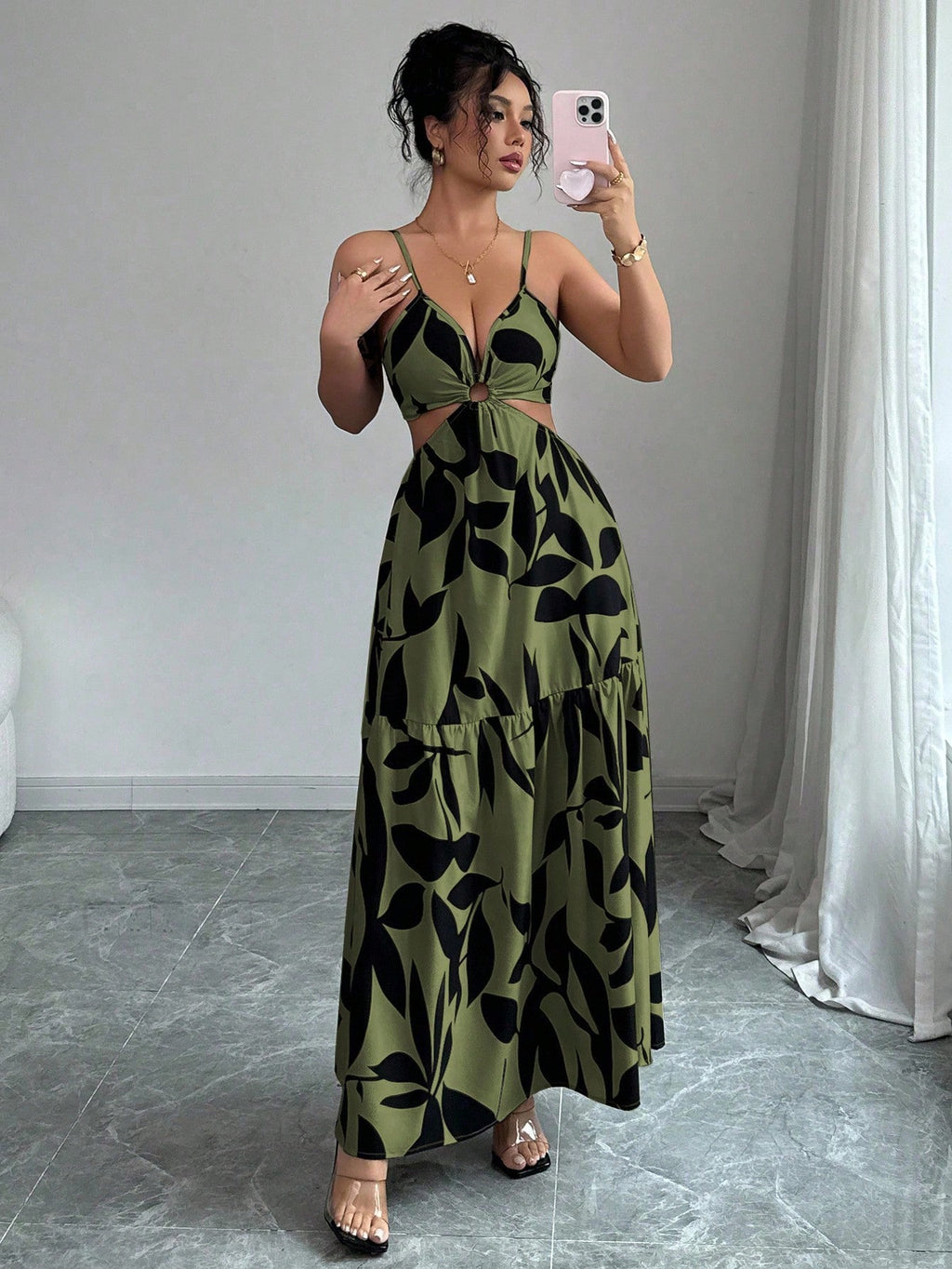 Elenzga Women's Summer New Spaghetti Strap Cinched Waist Dye Print Dress (Asymmetric Floral Pattern) - image 14