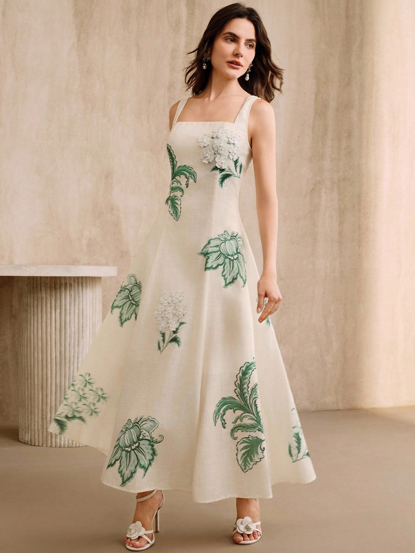 Anewsta Elegant Floral Print Slip Dress With Embroidered 3D Flowers,
