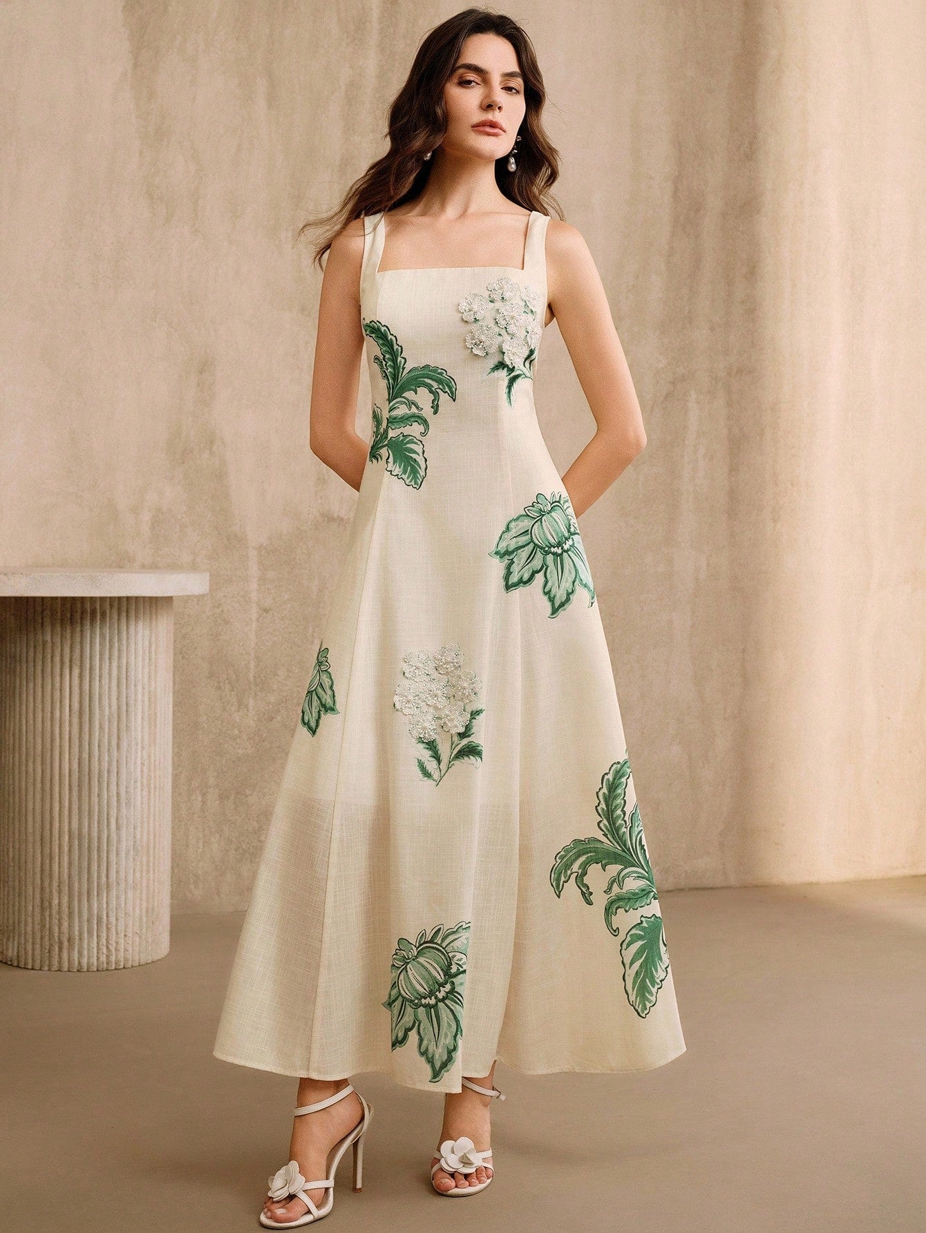 Anewsta Elegant Floral Print Slip Dress With Embroidered 3D Flowers, Floor Length - image 4