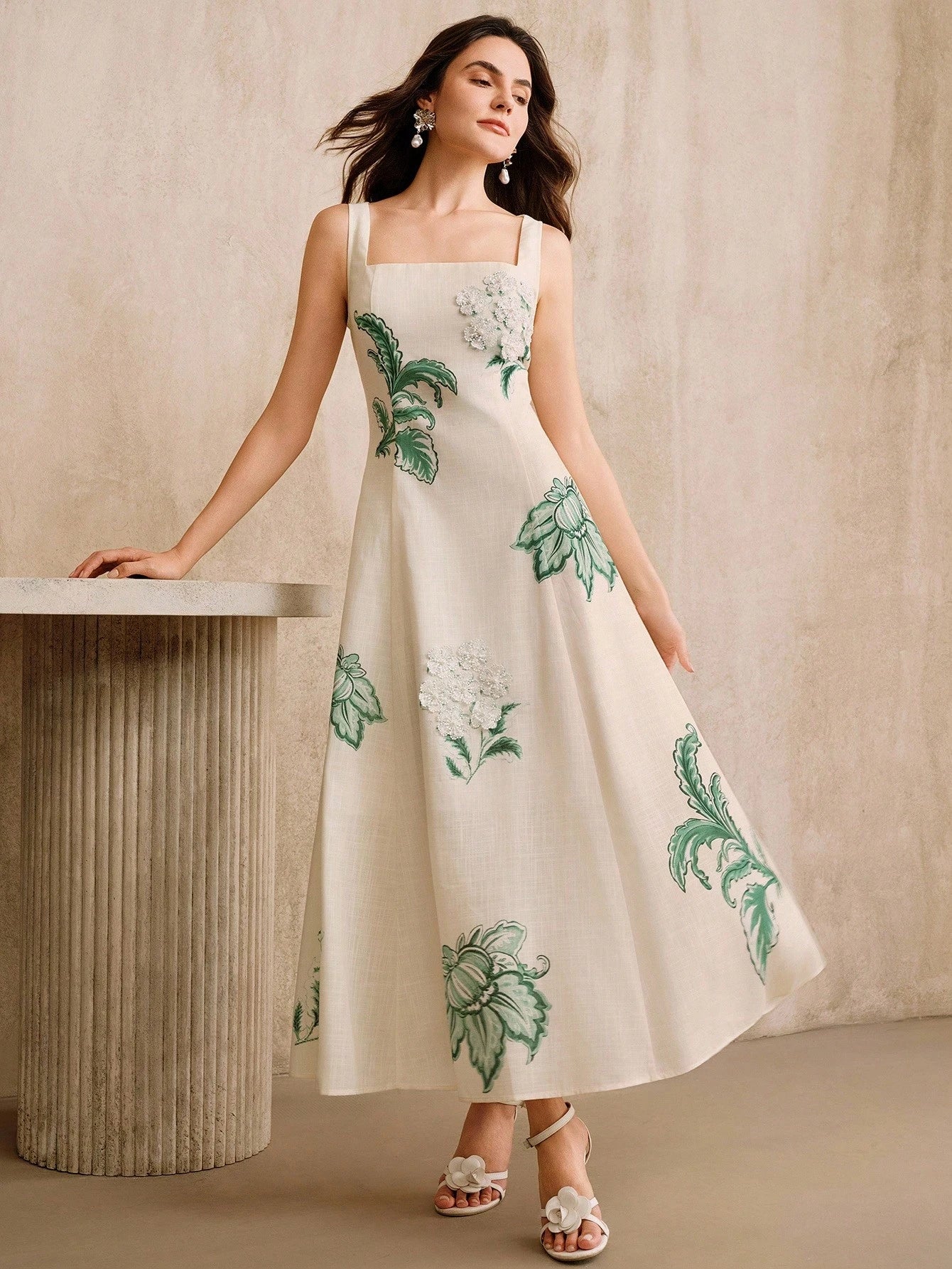 Anewsta Elegant Floral Print Slip Dress With Embroidered 3D Flowers,