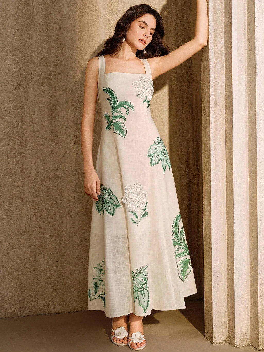 Anewsta Elegant Floral Print Slip Dress With Embroidered 3D Flowers,