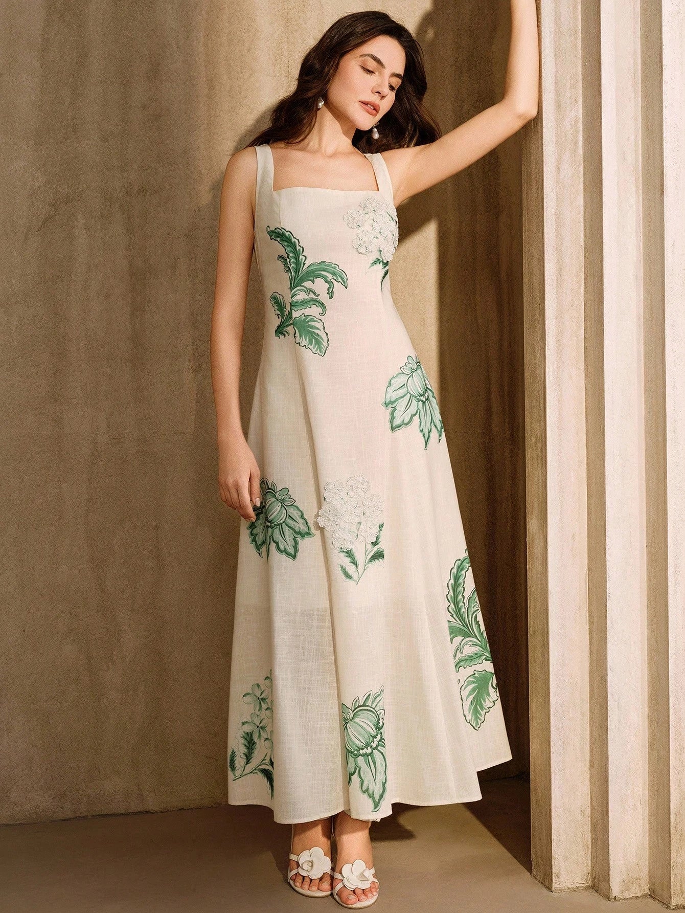Anewsta Elegant Floral Print Slip Dress With Embroidered 3D Flowers,