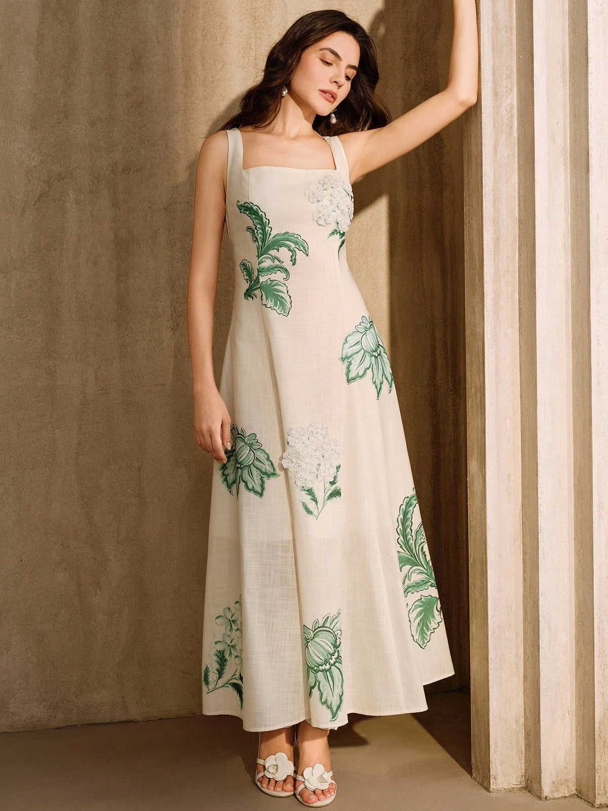 Anewsta Elegant Floral Print Slip Dress With Embroidered 3D Flowers, Floor Length - image 6