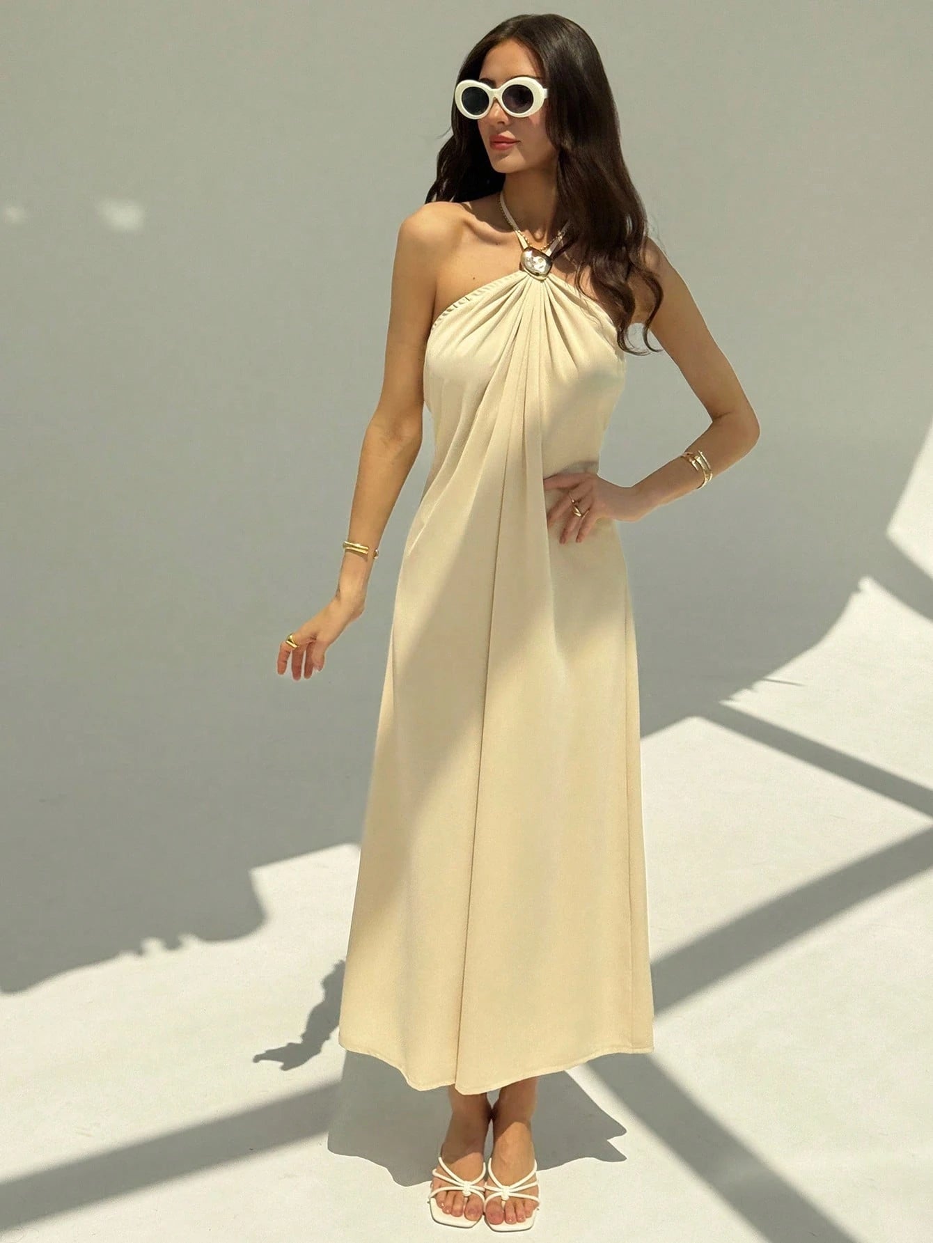 Aloruh New Champagne Backless Pleated Minimalist Long Dress, Metal Ball Decor, Oversized Flattering - image 9
