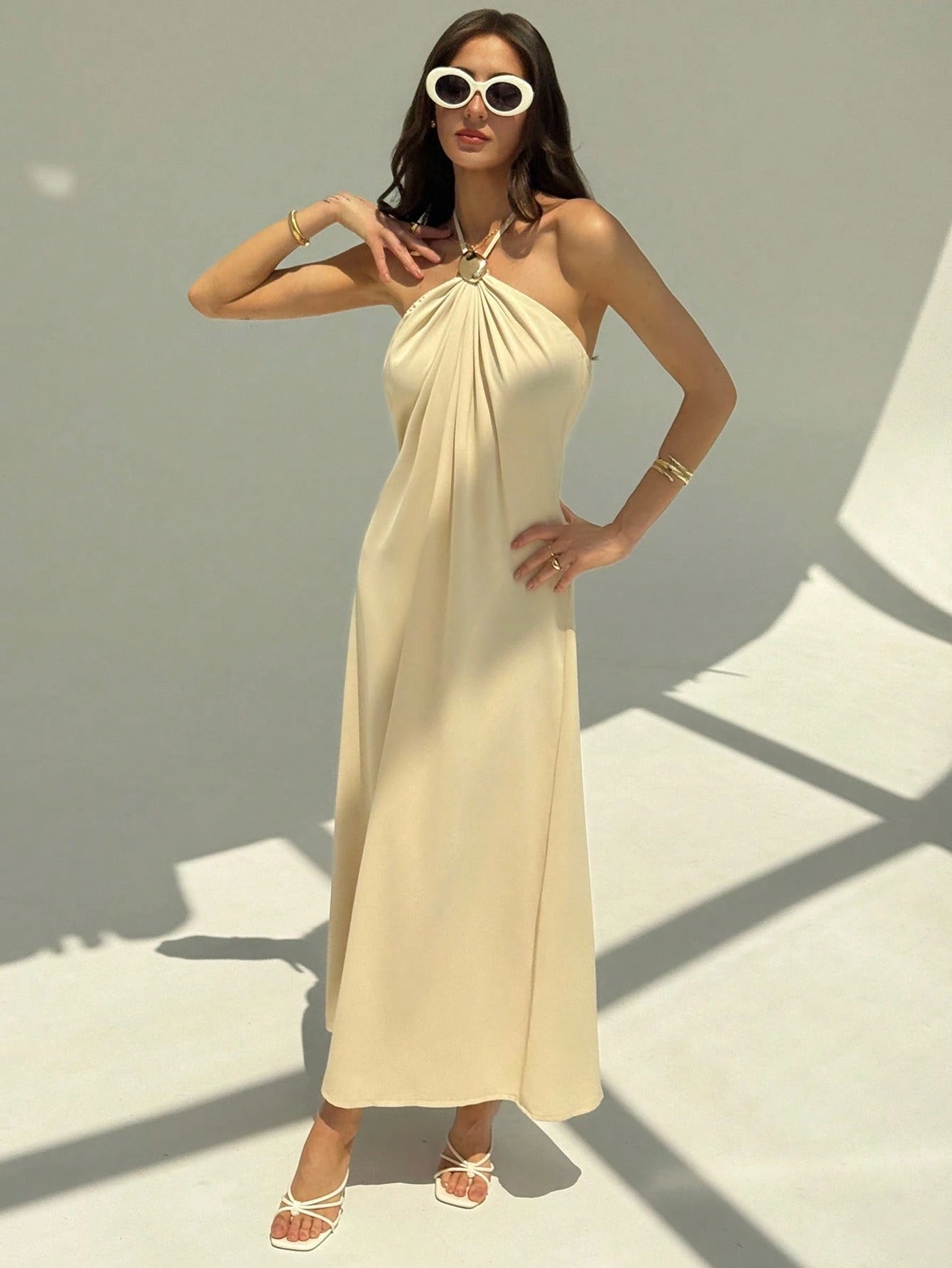 Aloruh New Champagne Backless Pleated Minimalist Long Dress, Metal Ball Decor, Oversized Flattering - image 10
