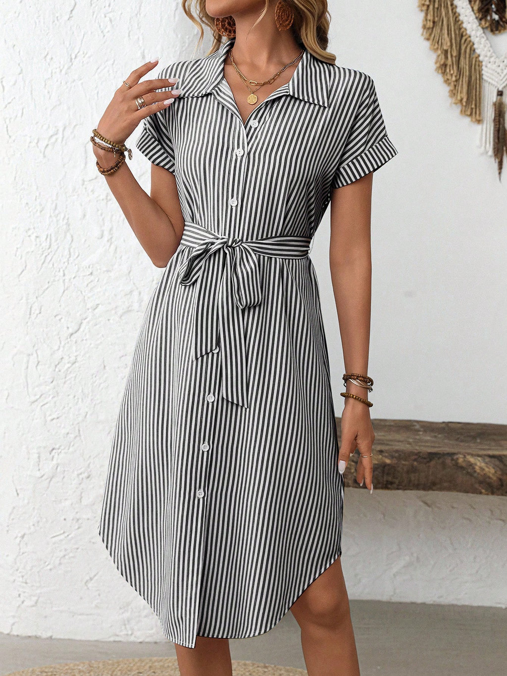 Rusticease Women's Blue And White Stripe Summer Casual Midi