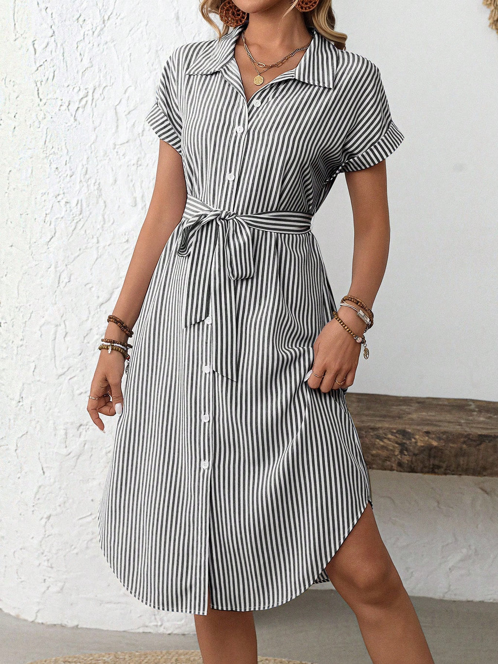 Rusticease Women's Blue And White Stripe Summer Casual Midi