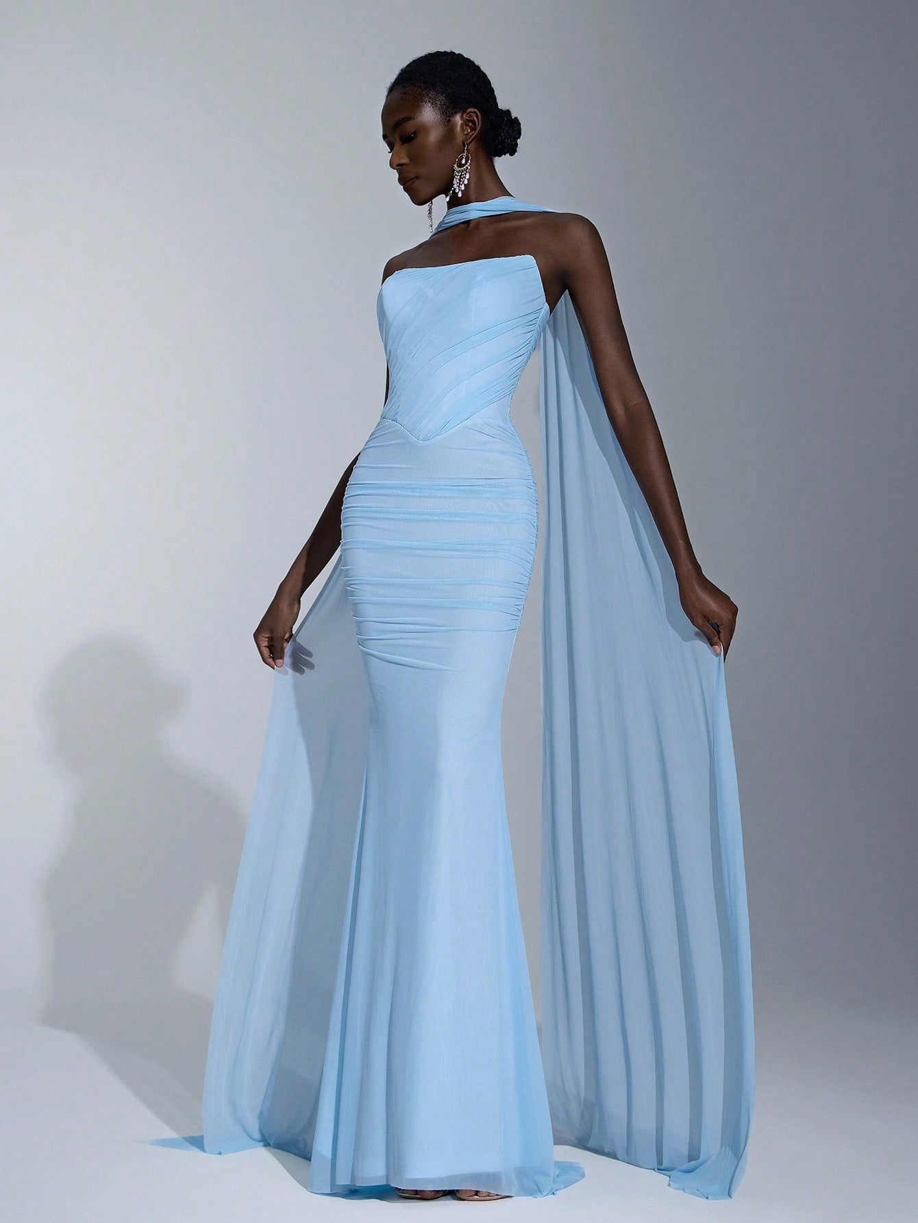 Elitara Elegant Baby Blue Spring Wedding Bridesmaid Dress, Gorgeous Stretch Mesh Sailboat Collar Pleated - image 18