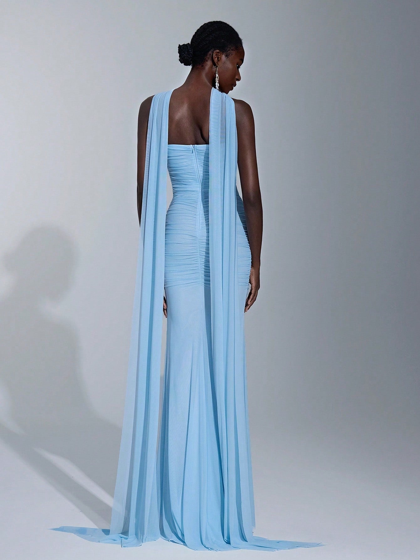 Elitara Elegant Baby Blue Spring Wedding Bridesmaid Dress, Gorgeous Stretch Mesh Sailboat Collar Pleated - image 10