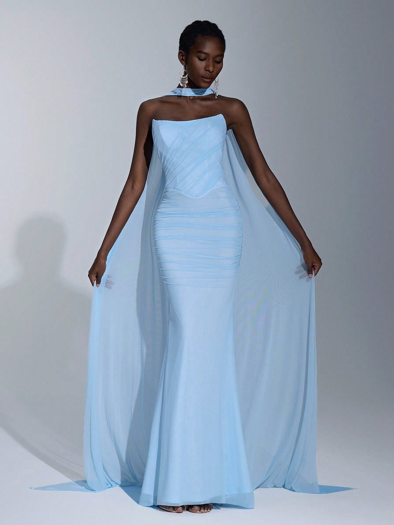 Elitara Elegant Baby Blue Spring Wedding Bridesmaid Dress, Gorgeous Stretch Mesh Sailboat Collar Pleated - image 8
