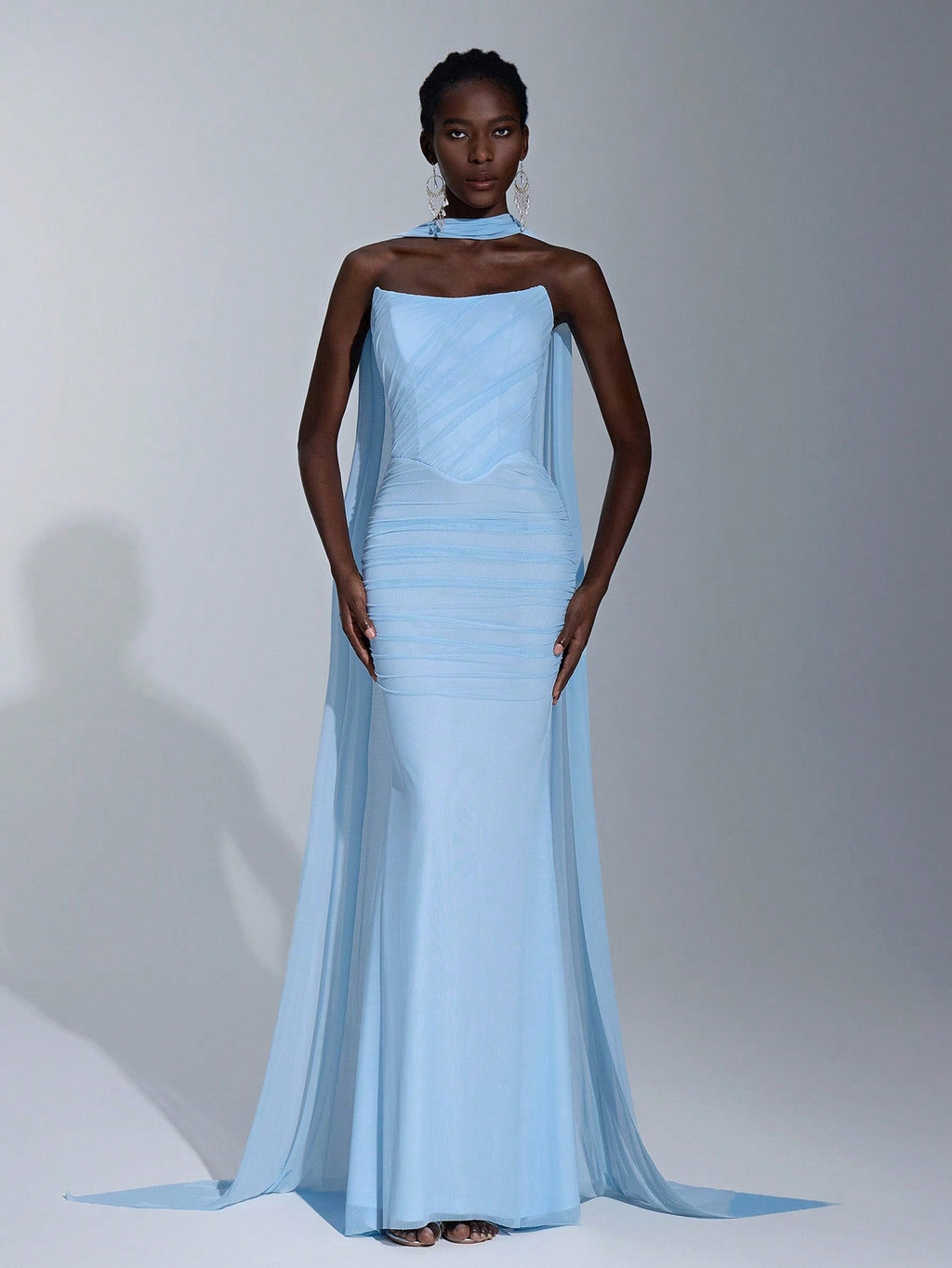 Elitara Elegant Baby Blue Spring Wedding Bridesmaid Dress, Gorgeous Stretch Mesh Sailboat Collar Pleated - image 19