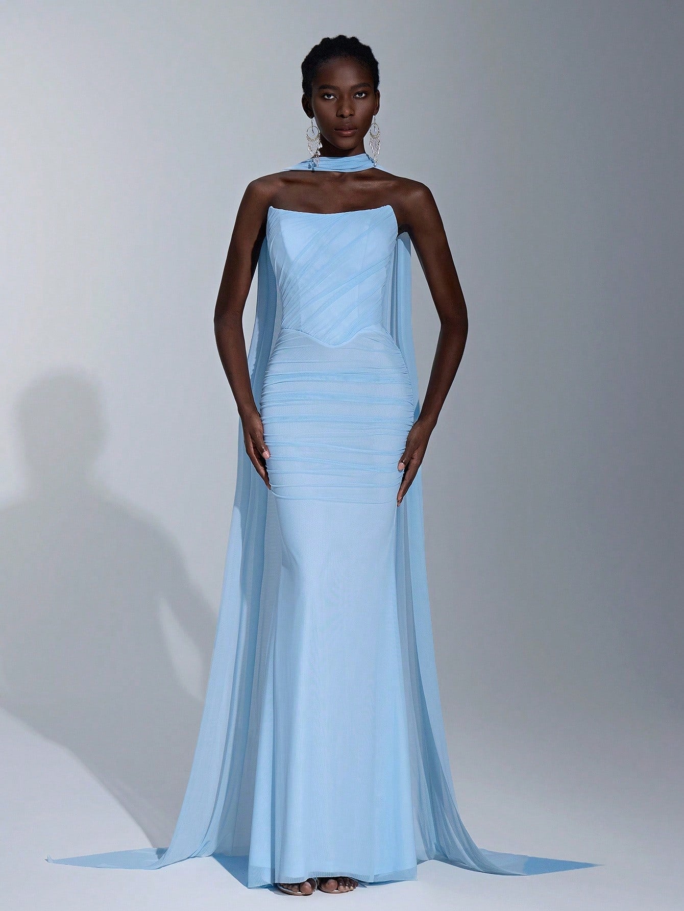 Elitara Elegant Baby Blue Spring Wedding Bridesmaid Dress, Gorgeous Stretch Mesh Sailboat Collar Pleated - image 19