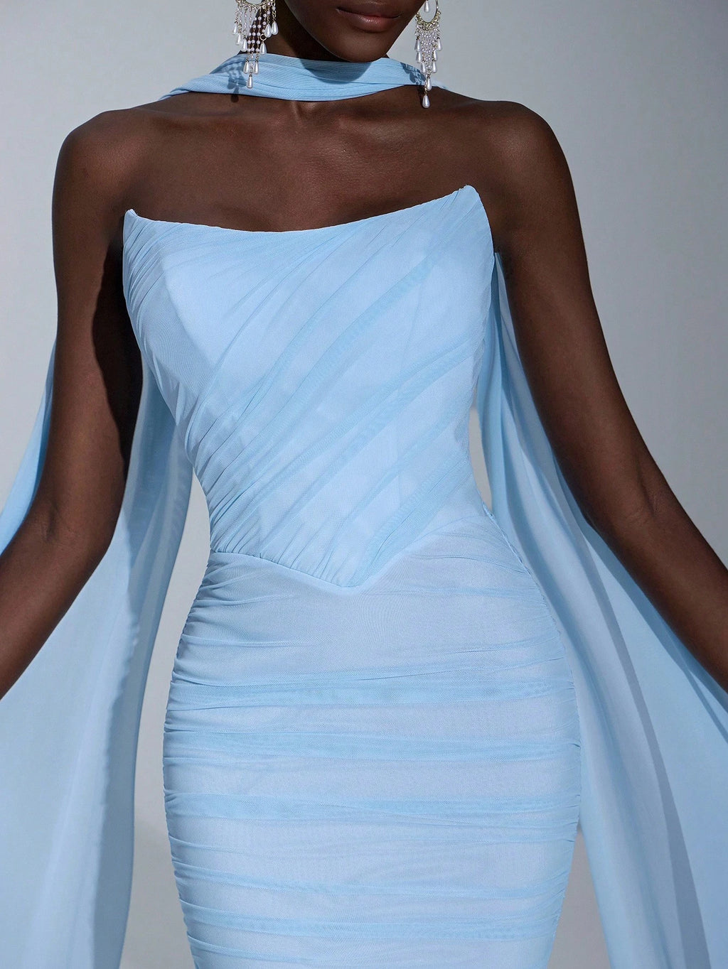 Elitara Elegant Baby Blue Spring Wedding Bridesmaid Dress, Gorgeous Stretch Mesh Sailboat Collar Pleated - image 20