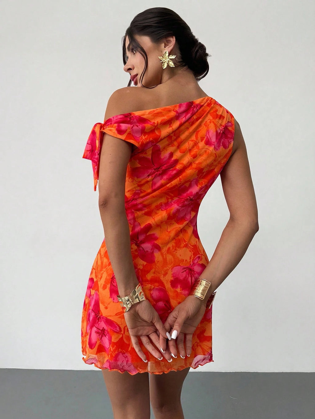 Firerie Women's Orange Red Floral Mesh Mini Dress,Summer,Girly,Holiday,Vacation Asymmetric One Shoulder - image 10