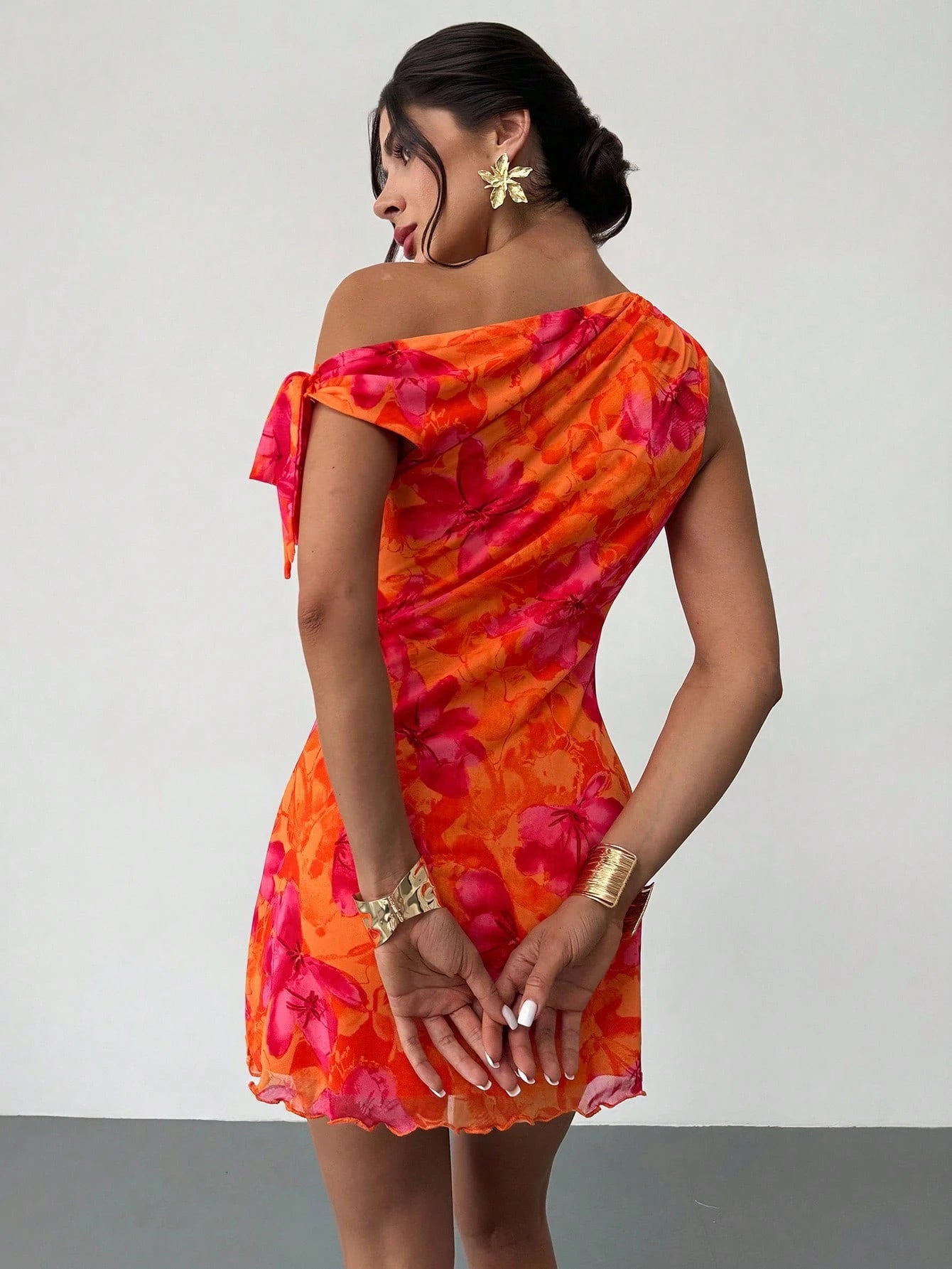 Firerie Women's Orange Red Floral Mesh Mini Dress,Summer,Girly,Holiday,Vacation Asymmetric One Shoulder - image 10