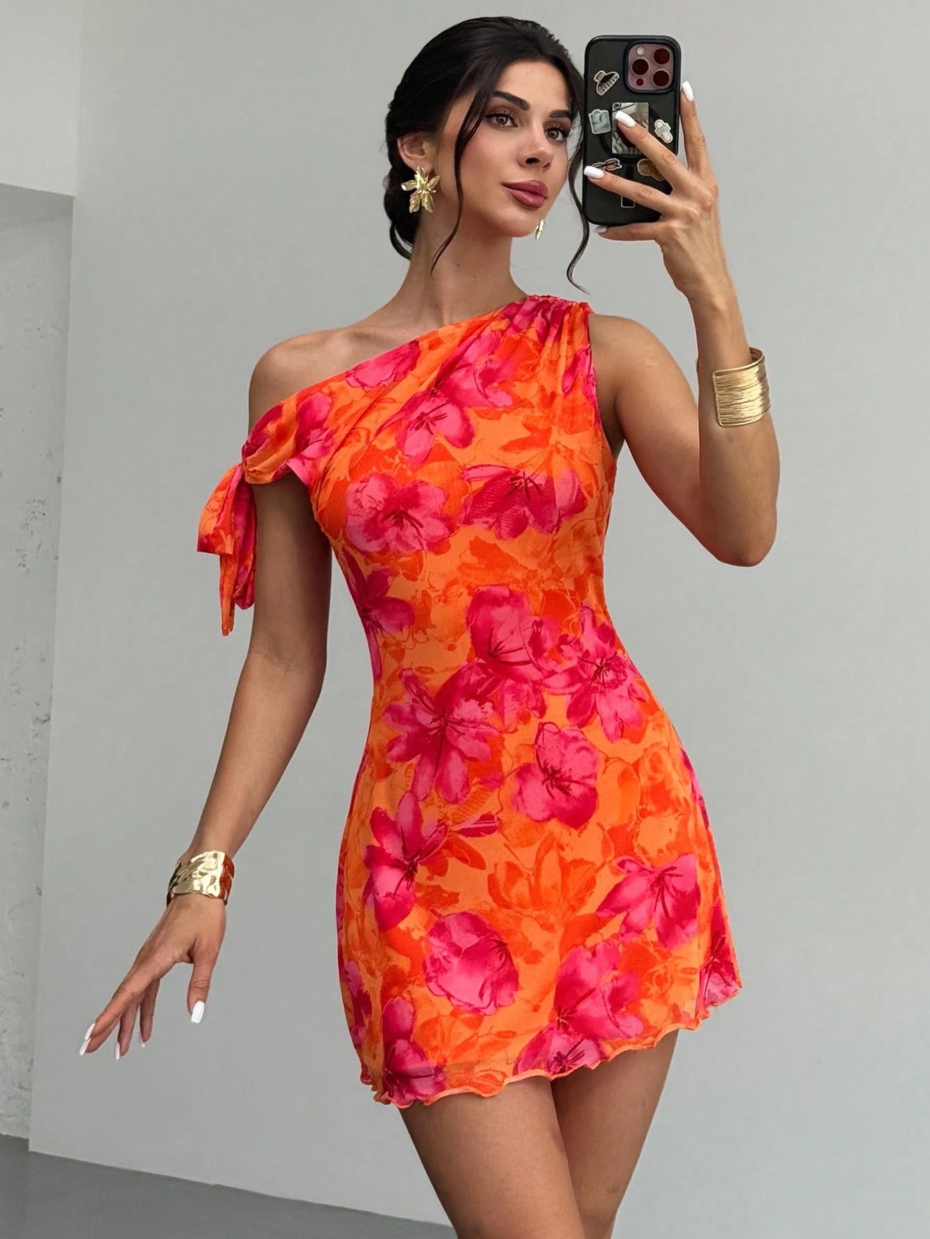 Firerie Women's Orange Red Floral Mesh Mini Dress,Summer,Girly,Holiday,Vacation Asymmetric One Shoulder - image 9
