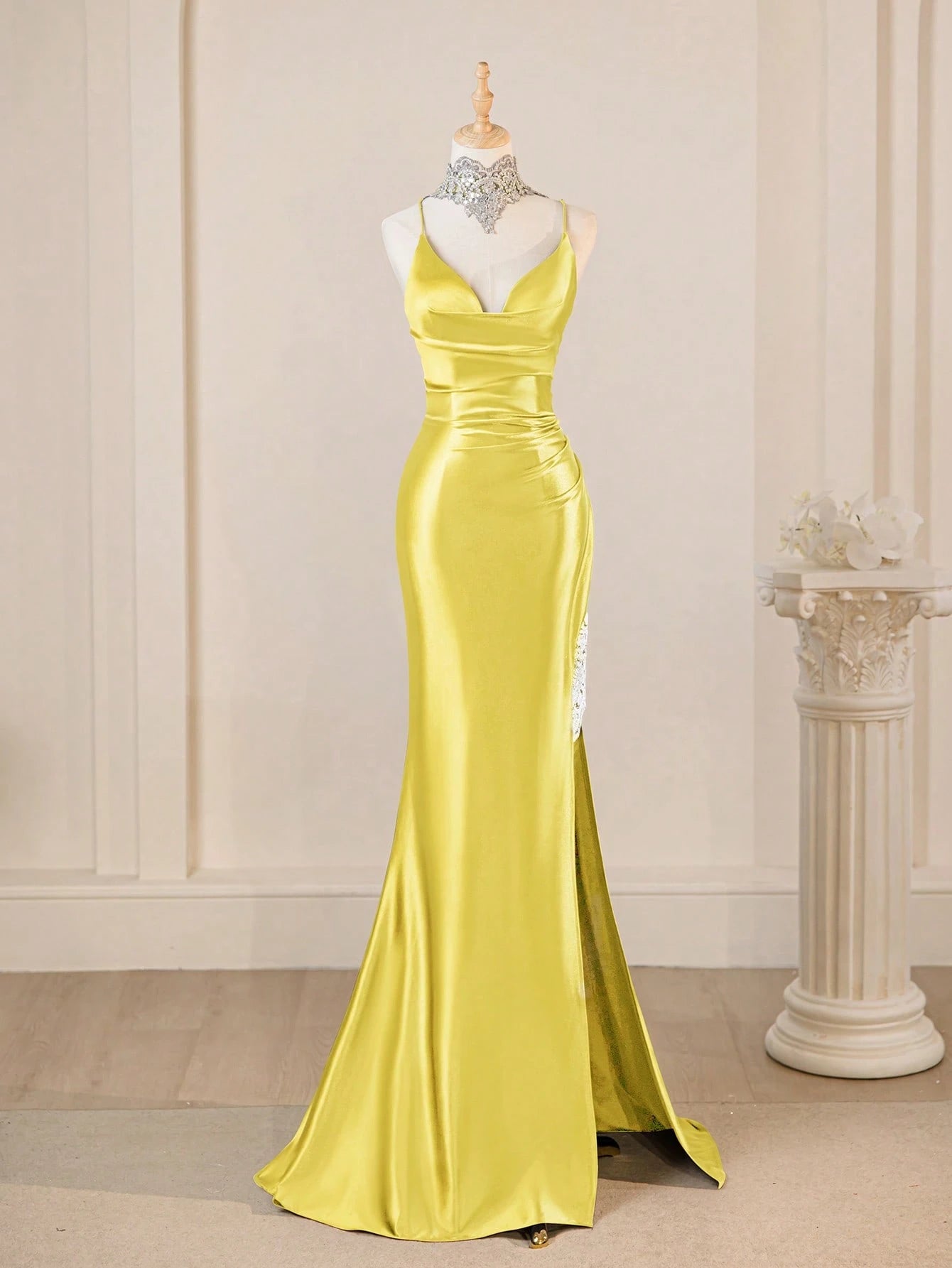 Spaghetti Strap Elegant Navy Blue Sexy Deep V-Neck High Slit Fitted Prom Gown Bridesmaid Dress For Party - image 14