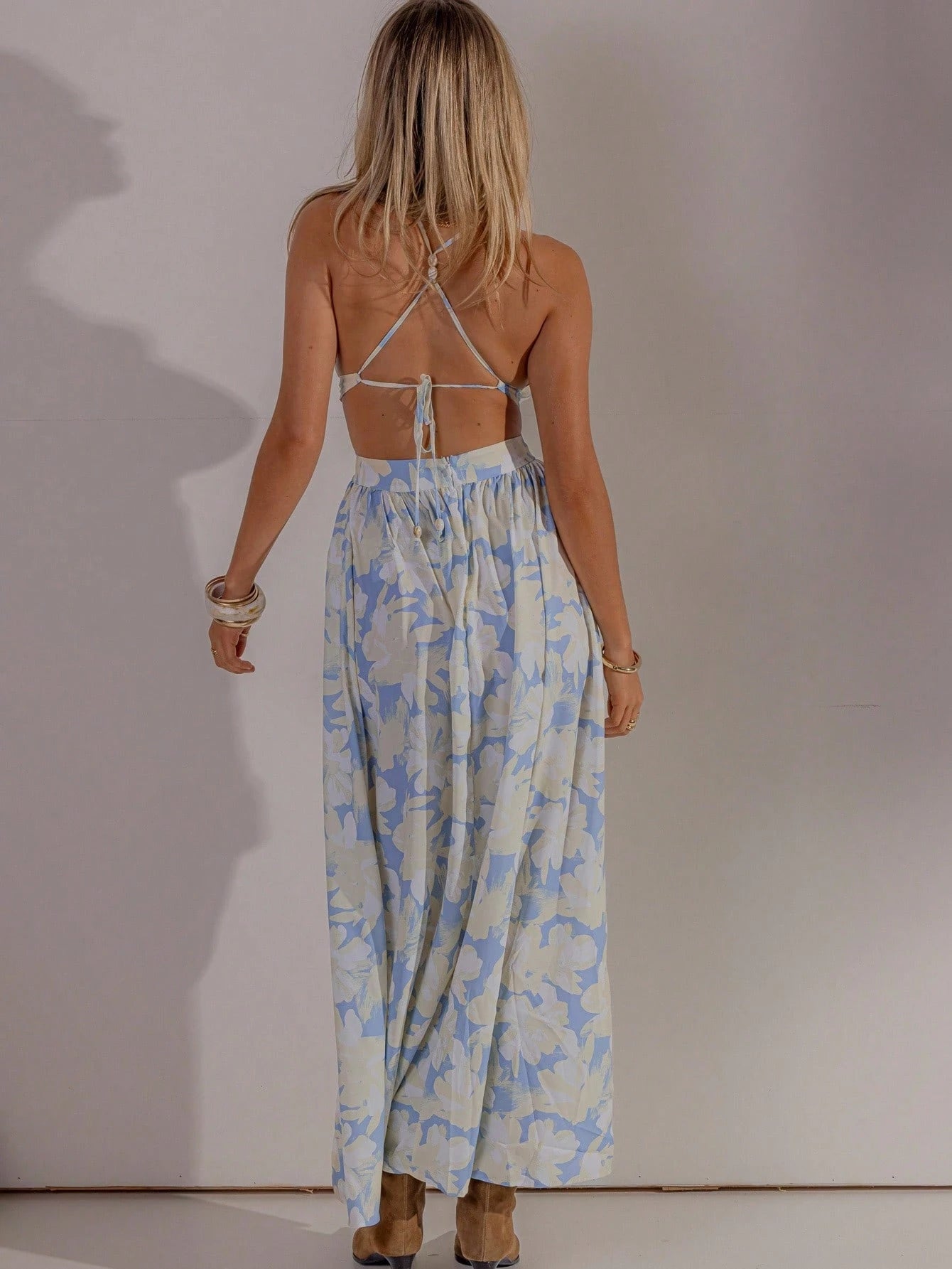 Aralina Women's Floral Print Halter Backless Hollow Out Sleeveless