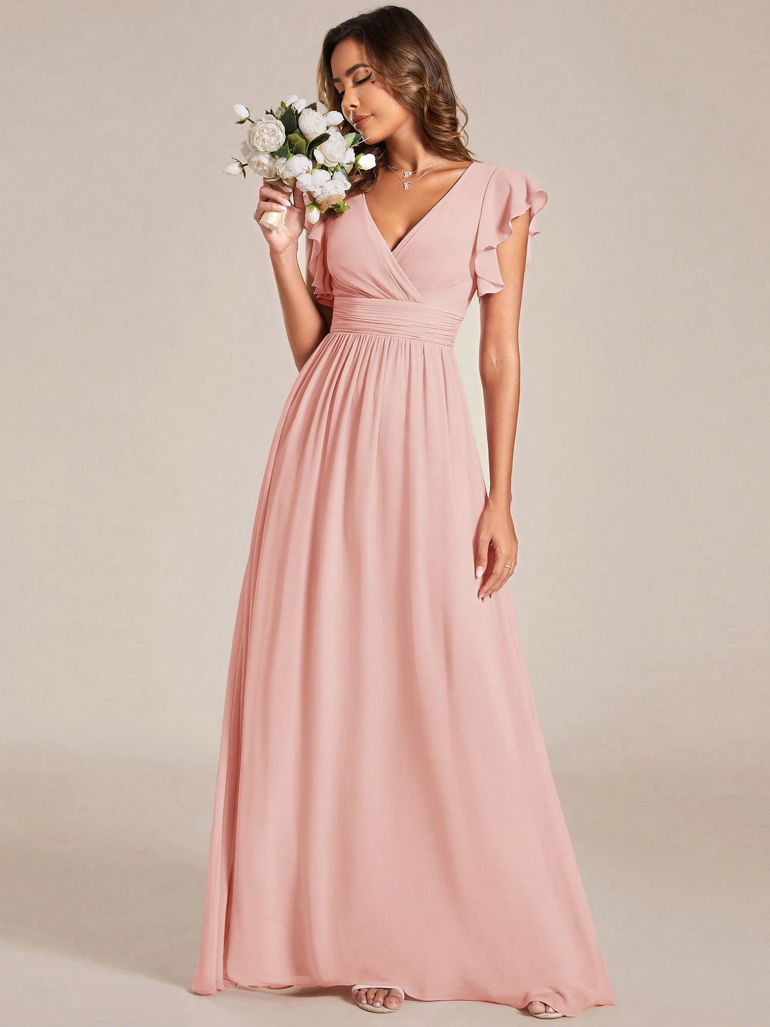 Asymmetric Ruffle Sleeve V-Neck Chiffon Green Bridesmaid Dress,