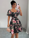 Elenzga Women Floral Print Sashes Ruffle Hem Short Sleeve Casual