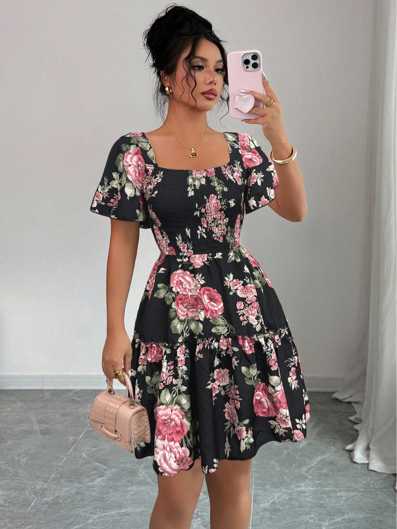 Elenzga Women Floral Print Sashes Ruffle Hem Short Sleeve Casual