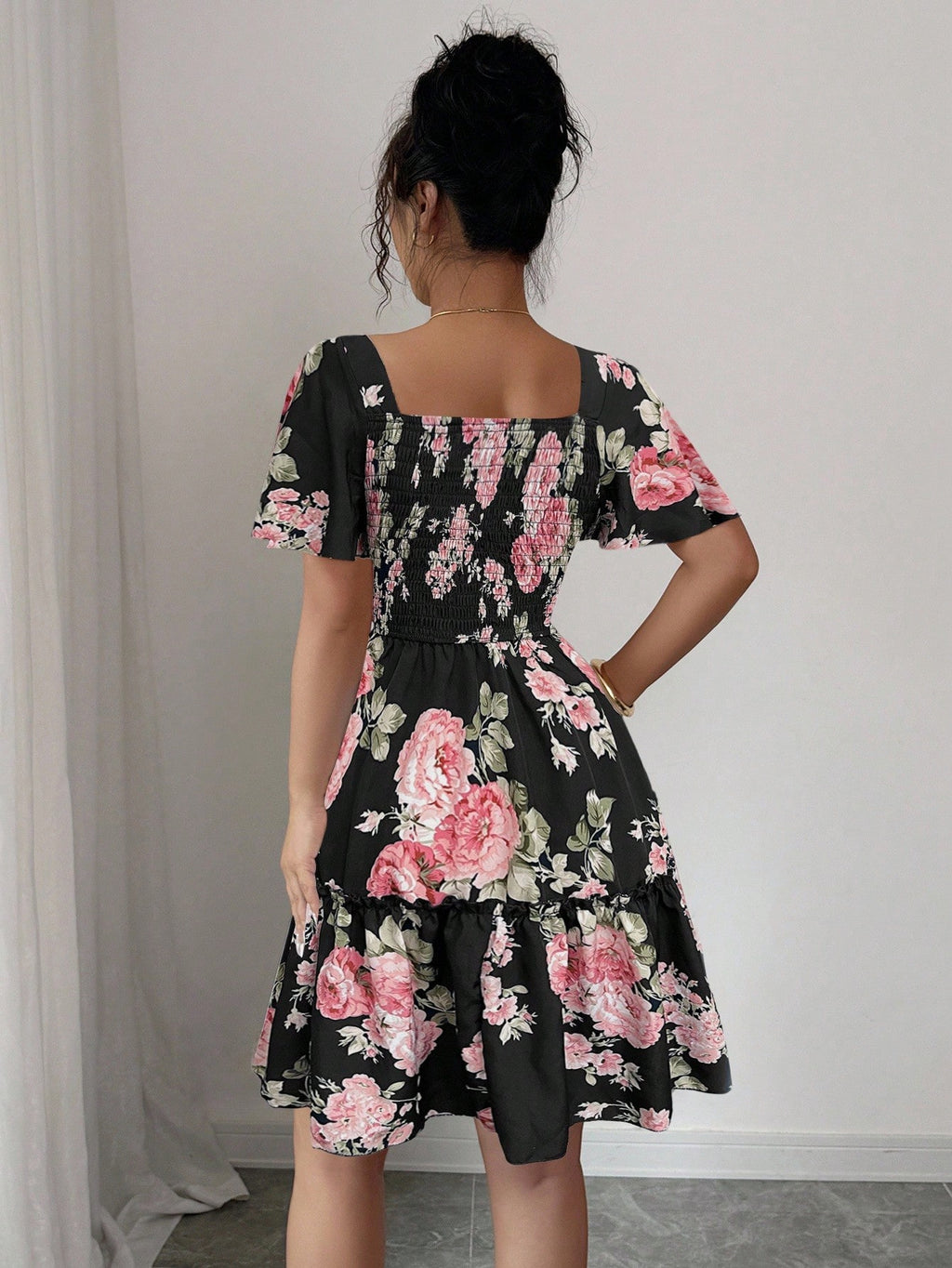 Elenzga Women Floral Print Sashes Ruffle Hem Short Sleeve Casual