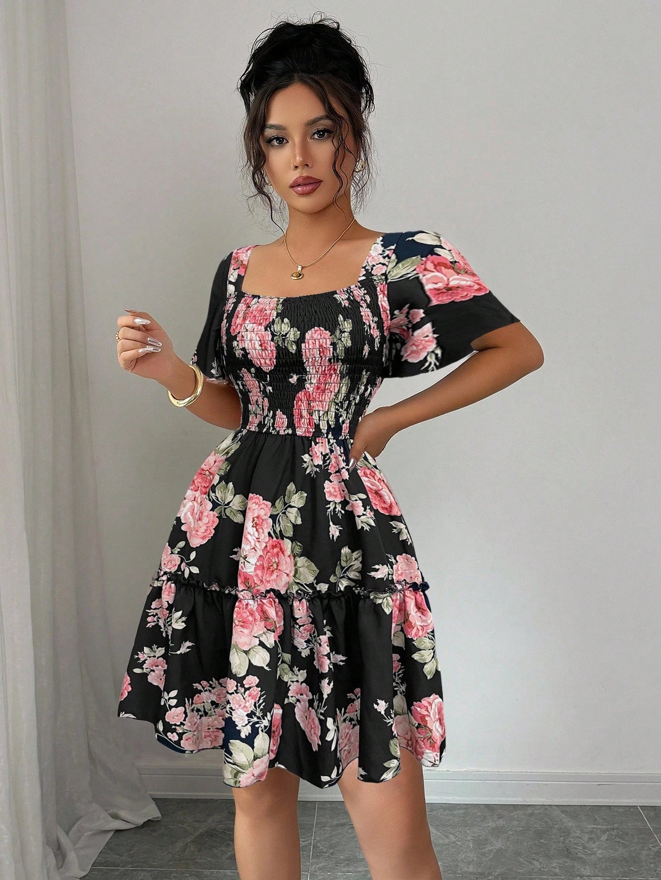 Elenzga Women Floral Print Sashes Ruffle Hem Short Sleeve Casual