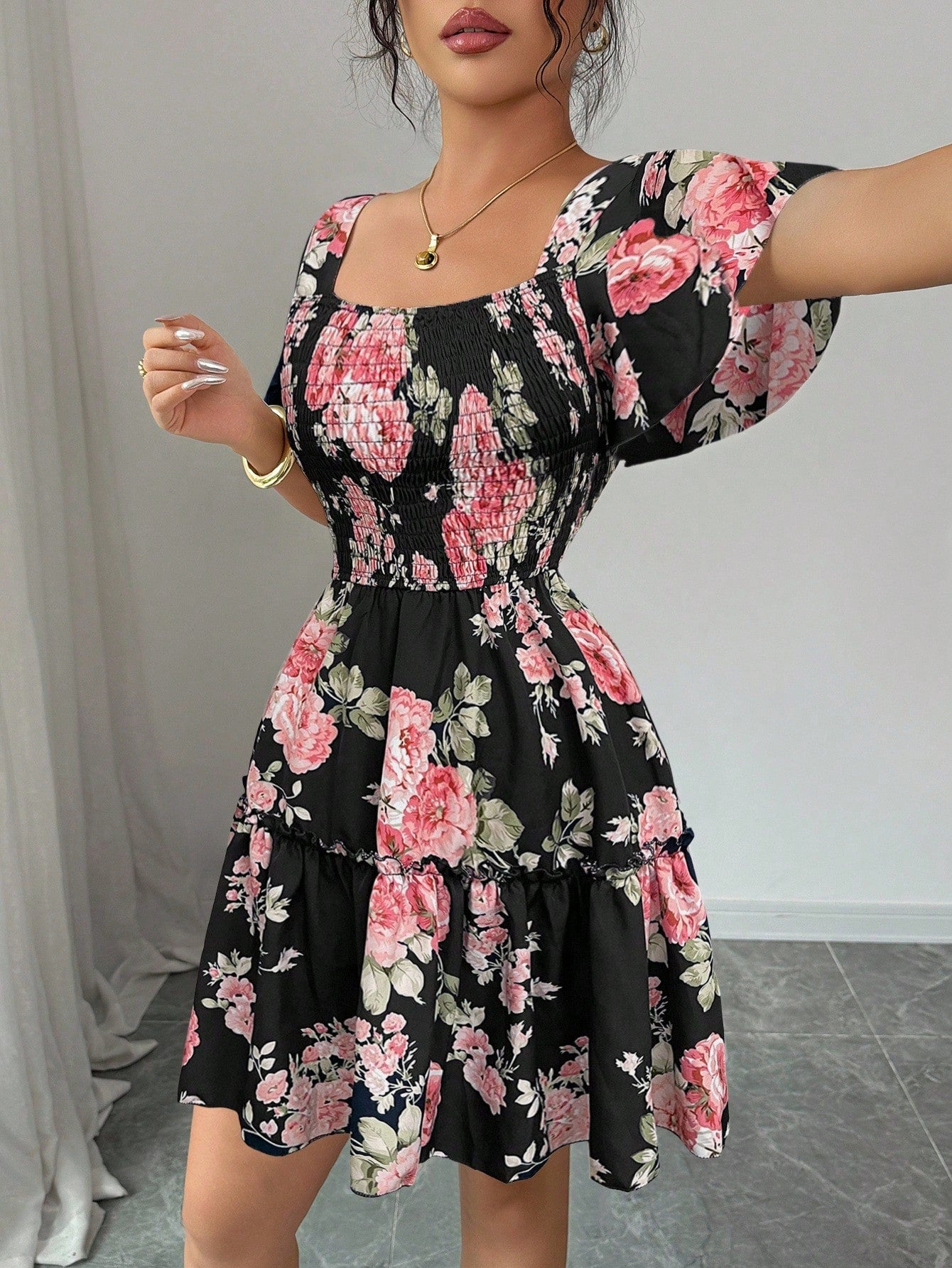 Elenzga Women Floral Print Sashes Ruffle Hem Short Sleeve Casual