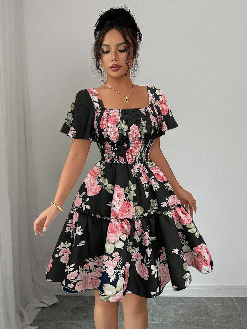 Elenzga Women Floral Print Sashes Ruffle Hem Short Sleeve Casual