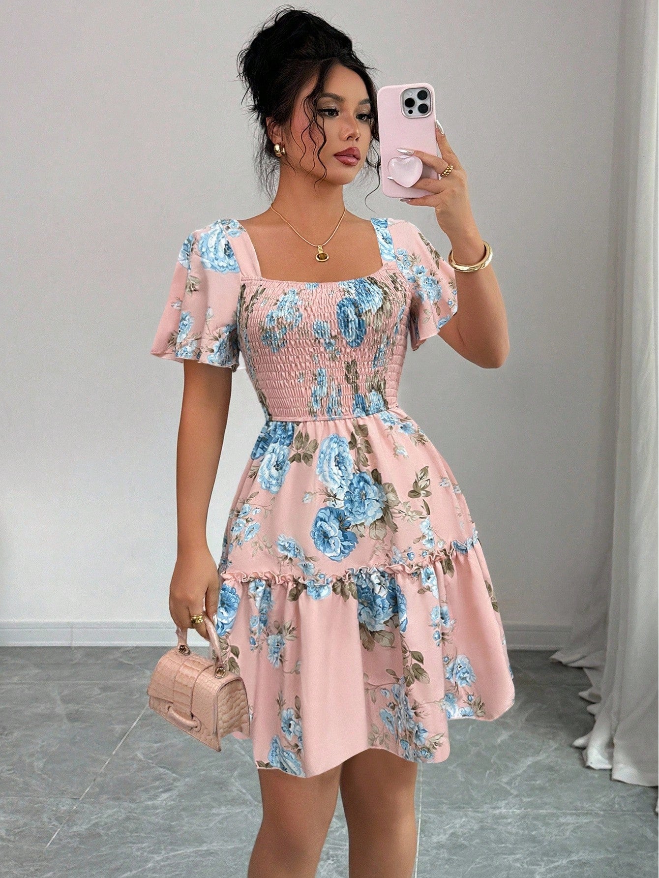 Elenzga Women Floral Print Sashes Ruffle Hem Short Sleeve Casual Dress, Vacation Style - image 19
