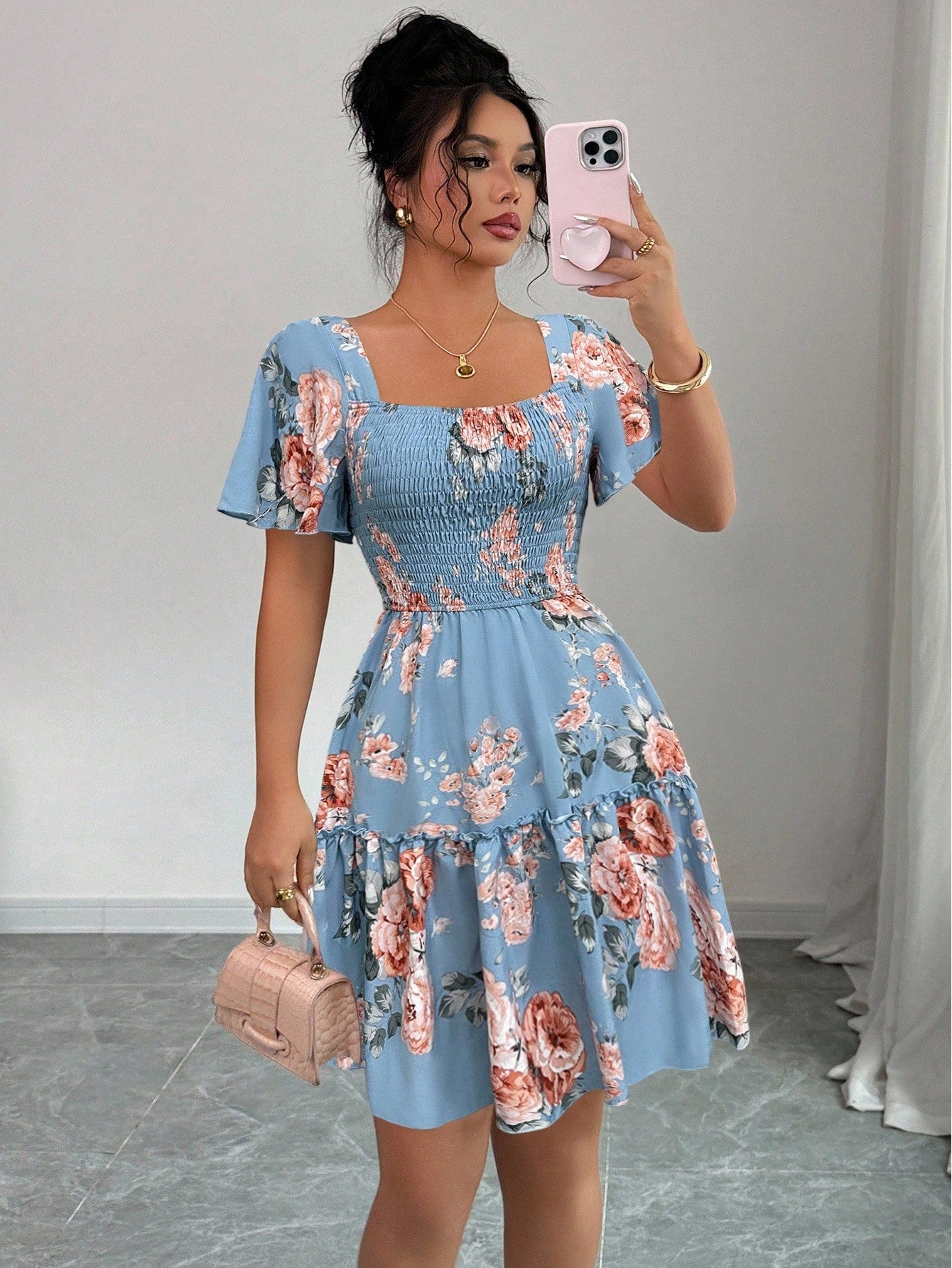 Elenzga Women Floral Print Sashes Ruffle Hem Short Sleeve Casual Dress, Vacation Style - image 11