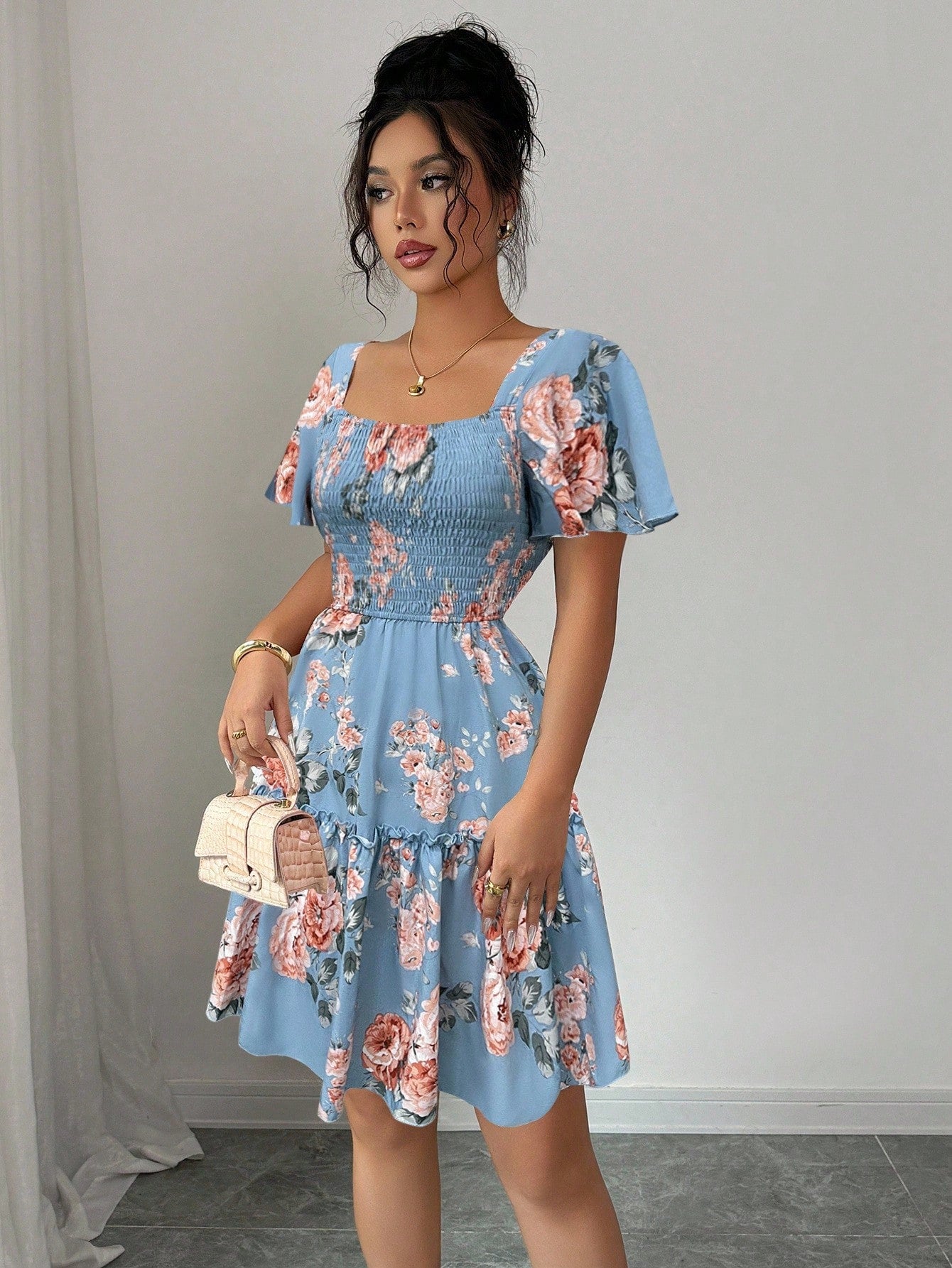 Elenzga Women Floral Print Sashes Ruffle Hem Short Sleeve Casual