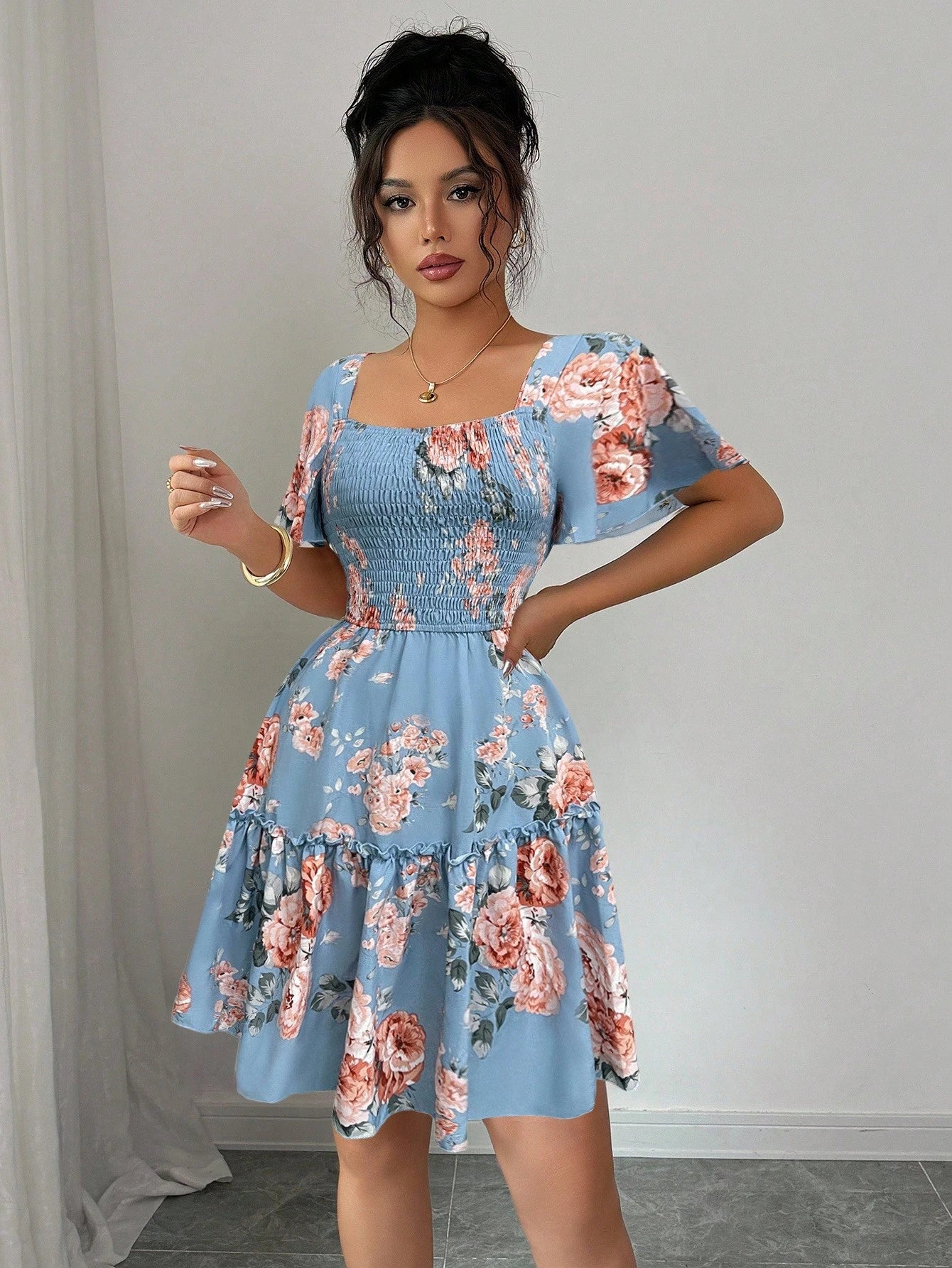 Elenzga Women Floral Print Sashes Ruffle Hem Short Sleeve Casual